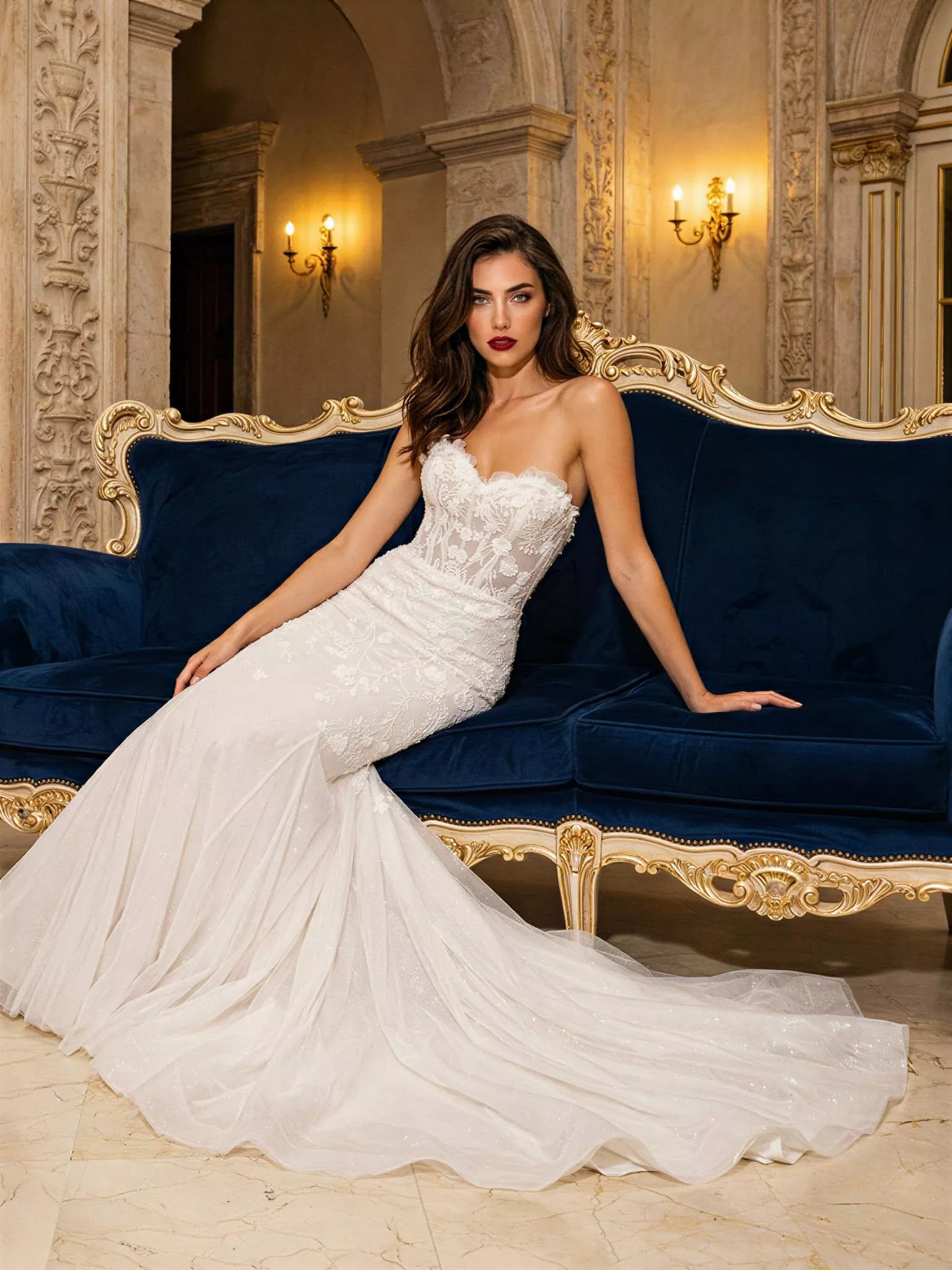 Vestido de novia Zephyrai, pose sentada, corte sirena, escote corazón, encaje floral, Atelier