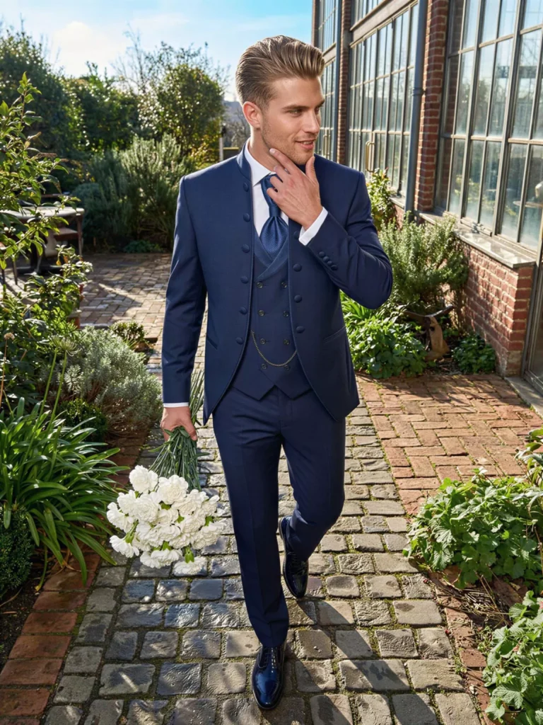 Traje de novio Astel, pose cenital, color azul marino, cuello mao de ceremonia con doble botonera, Atelier Masculini