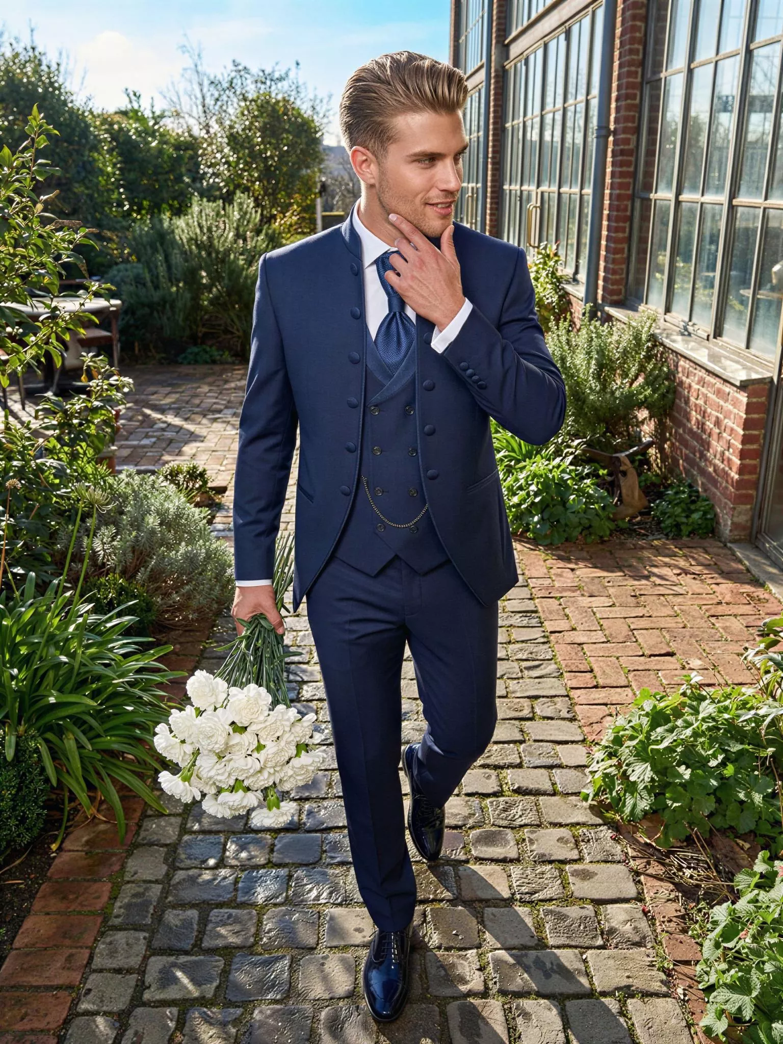 Traje de novio Astel, pose cenital, color azul marino, cuello mao de ceremonia con doble botonera, Atelier Masculini