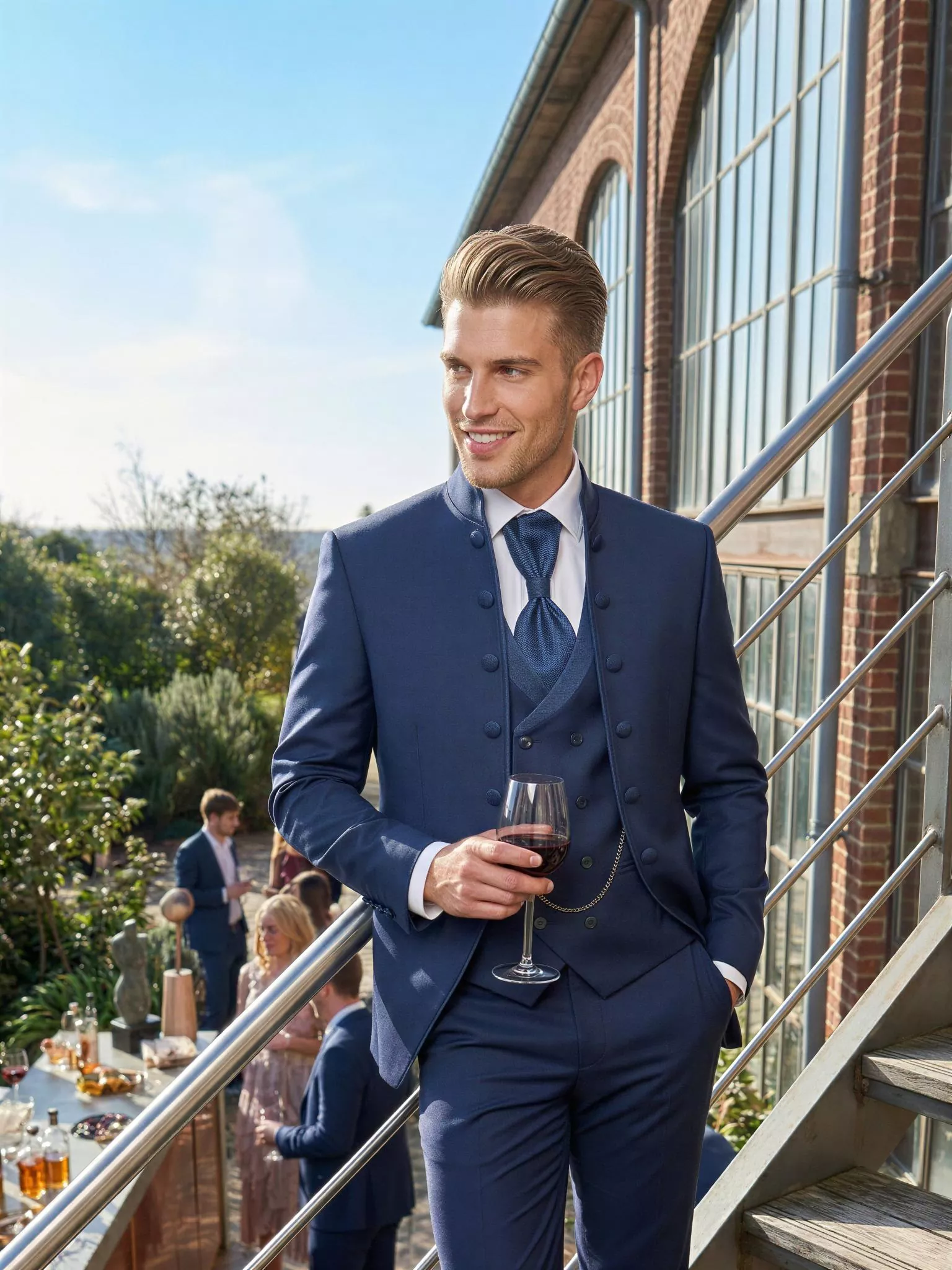 Traje de novio Astel, pose escalera, color azul marino, cuello mao de ceremonia con doble botonera, Atelier Masculini