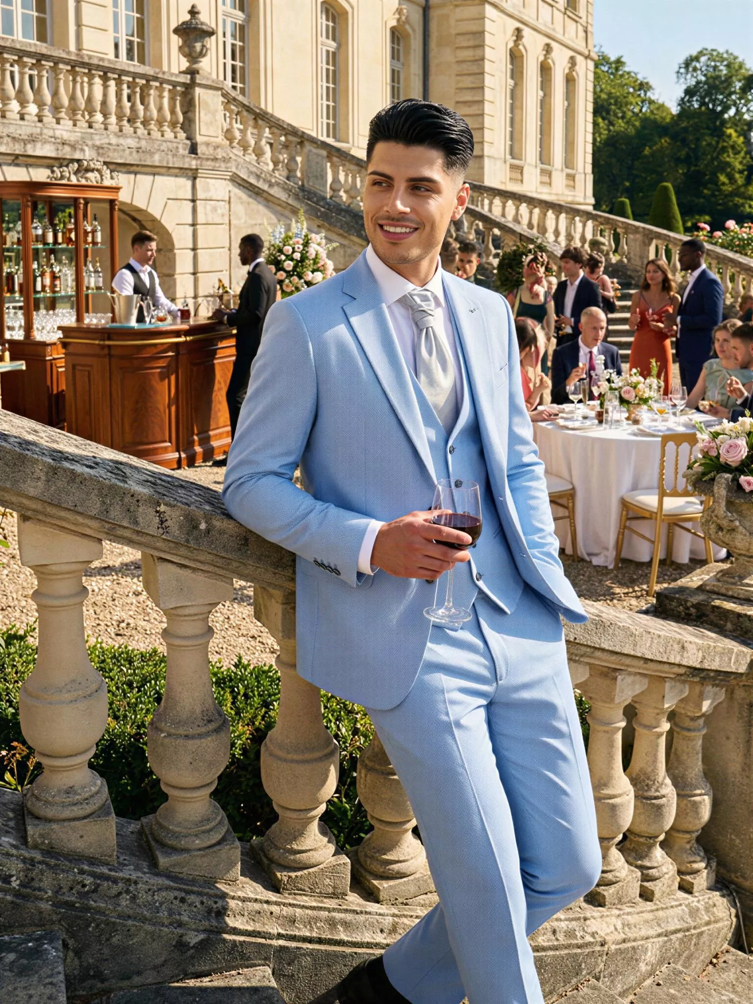 Traje de novio Benedict, pose escalera, color azul pastel, clásico de 3 piezas, Atelier Masculini