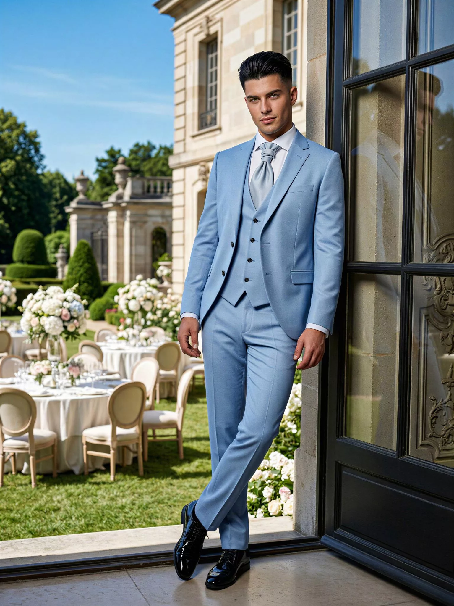 Traje de novio Benedict, pose frontal, color azul pastel, clásico de 3 piezas, Atelier Masculini