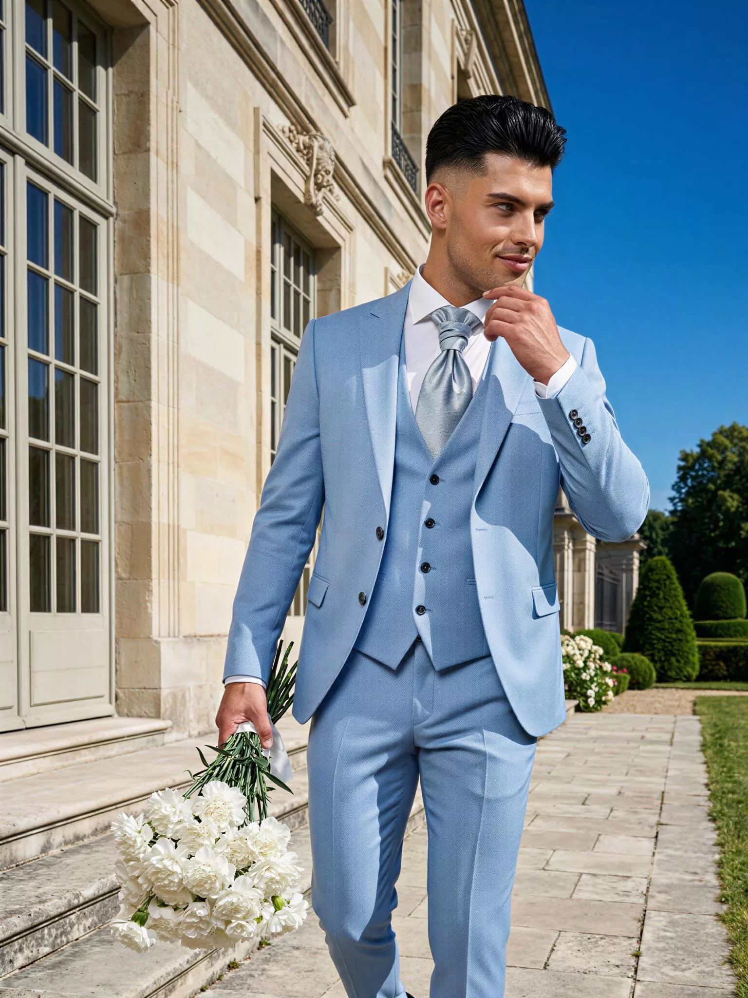Traje de novio Benedict, pose lateral, color azul pastel, clásico de 3 piezas, Atelier Masculini