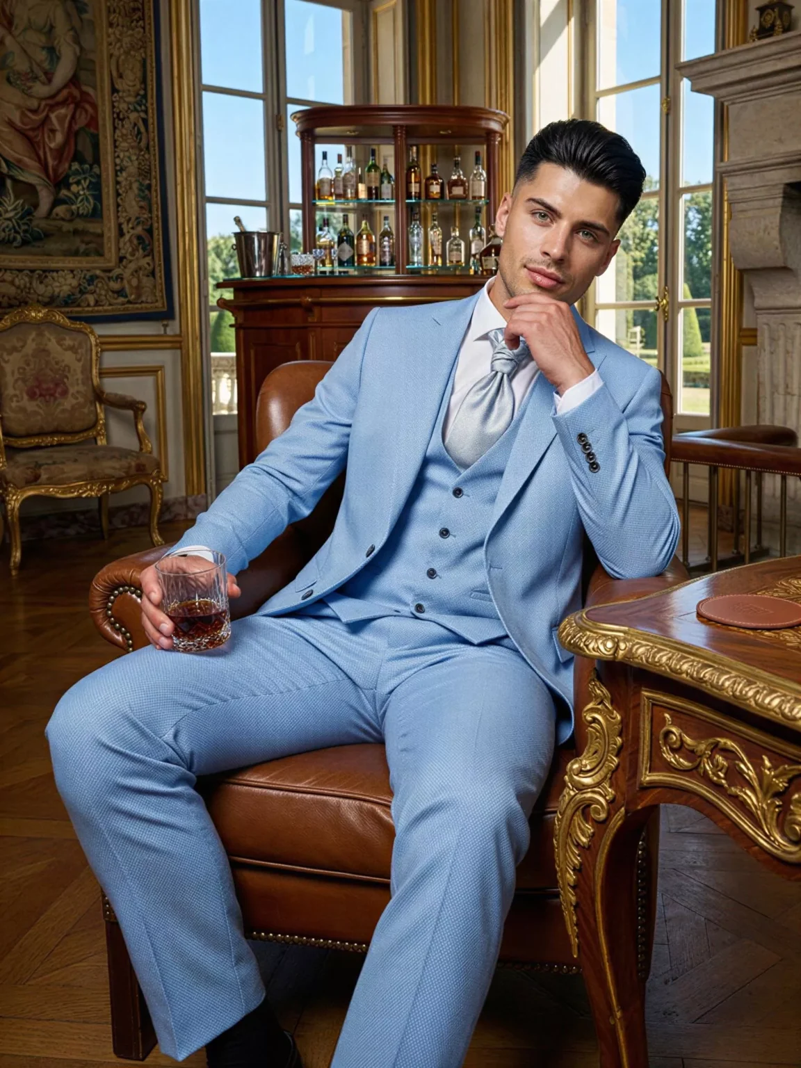 Traje de novio Benedict, pose sentado, color azul pastel, clásico de 3 piezas, Atelier Masculini