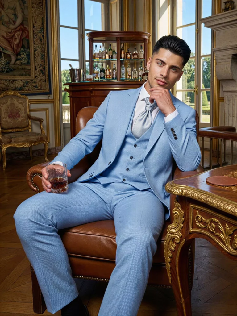Traje de novio Benedict, pose sentado, color azul pastel, clásico de 3 piezas, Atelier Masculini