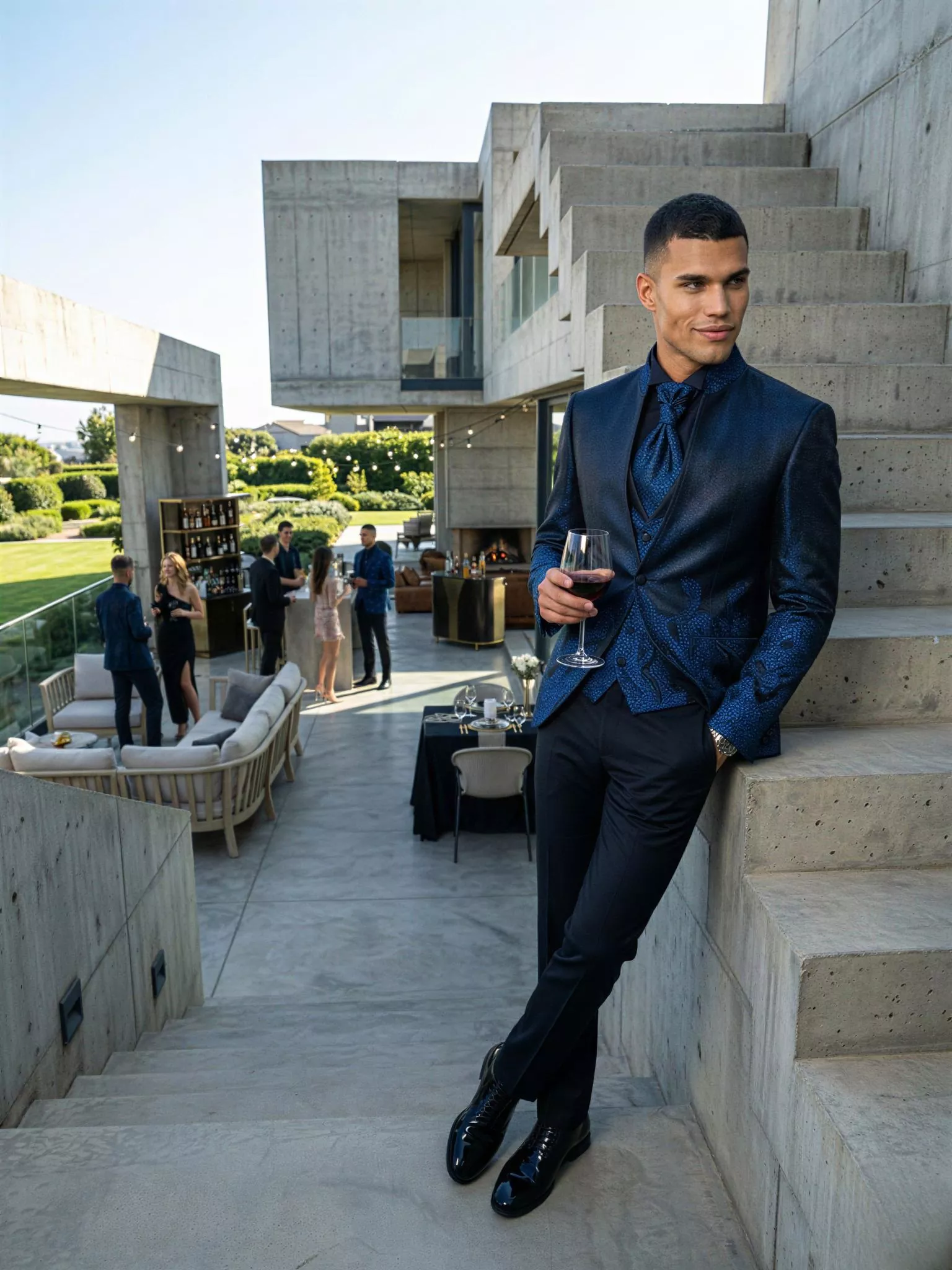 Traje de novio Enki, pose escalera, color azul noche y azul cobalto tela jacquard, cuello mao de ceremonia, Atelier Masculini