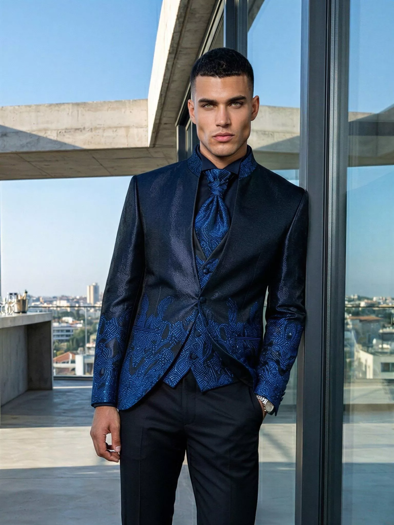 Traje de novio Enki, pose frontal, color azul noche y azul cobalto tela jacquard, cuello mao de ceremonia, Atelier Masculini