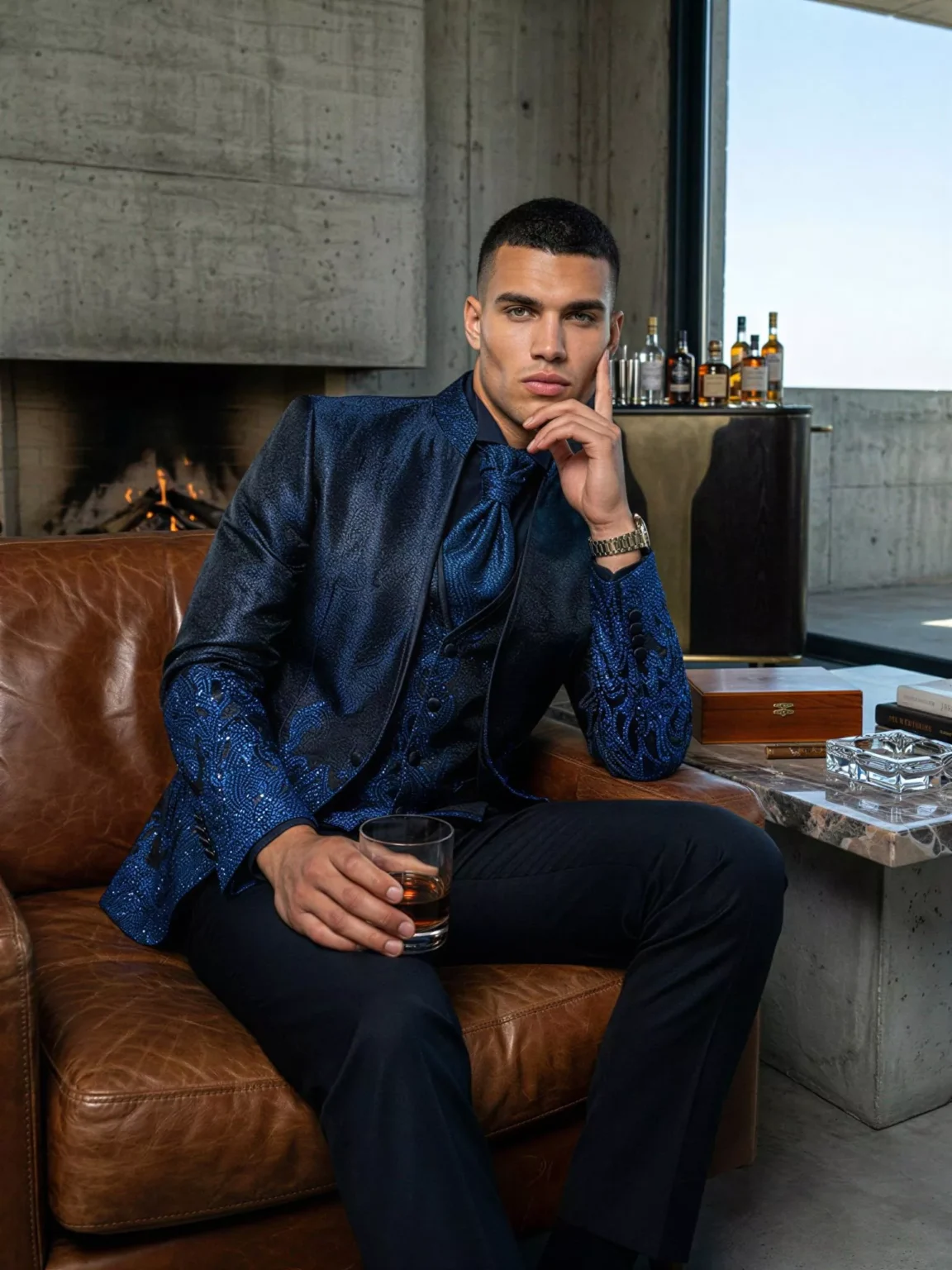 Traje de novio Enki, pose sentado, color azul noche y azul cobalto tela jacquard, cuello mao de ceremonia, Atelier Masculini