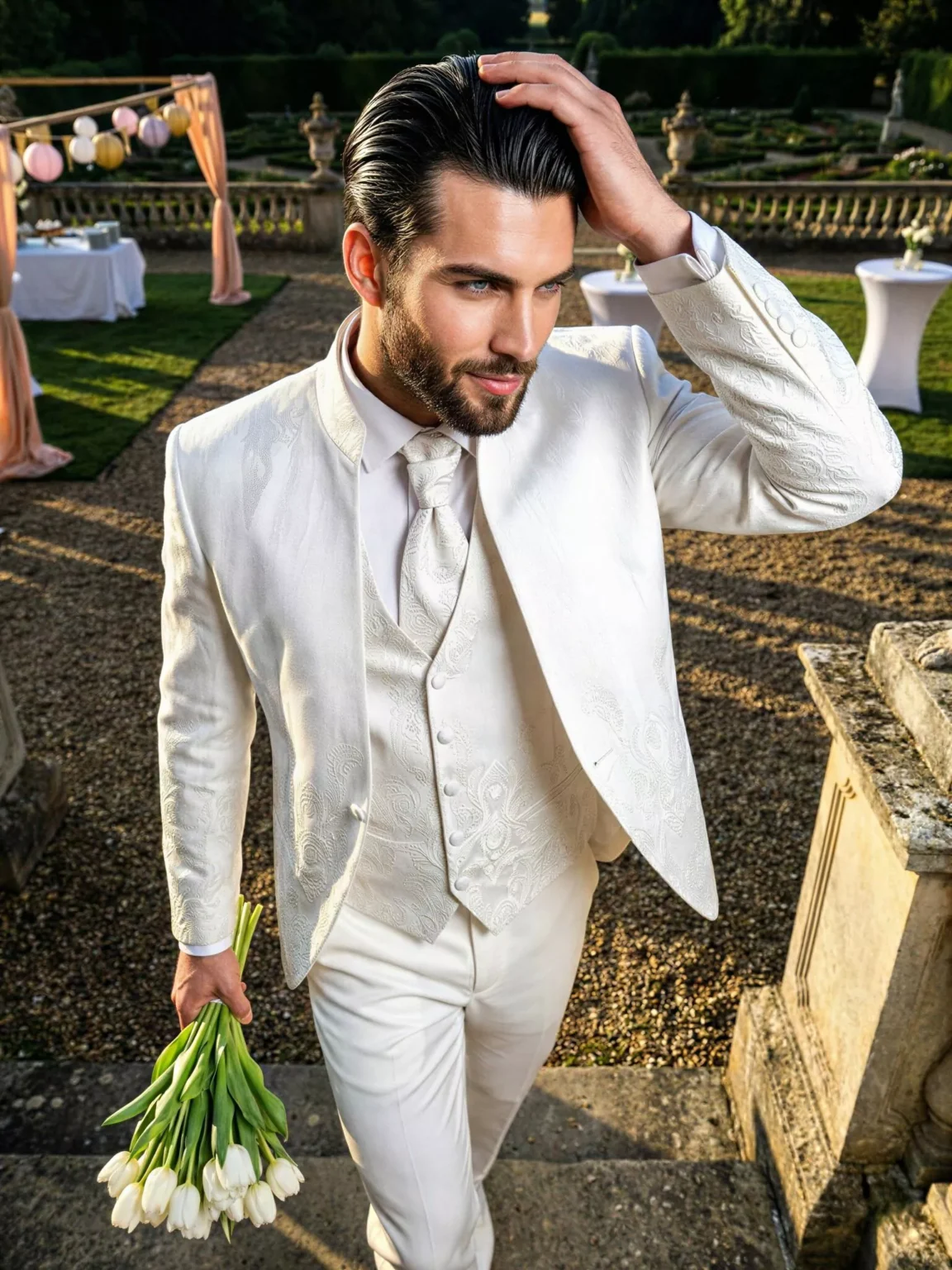 Traje de novio Khan, pose cenital, color blanco y texturizado beige, cuello mao de ceremonia, Atelier Masculini