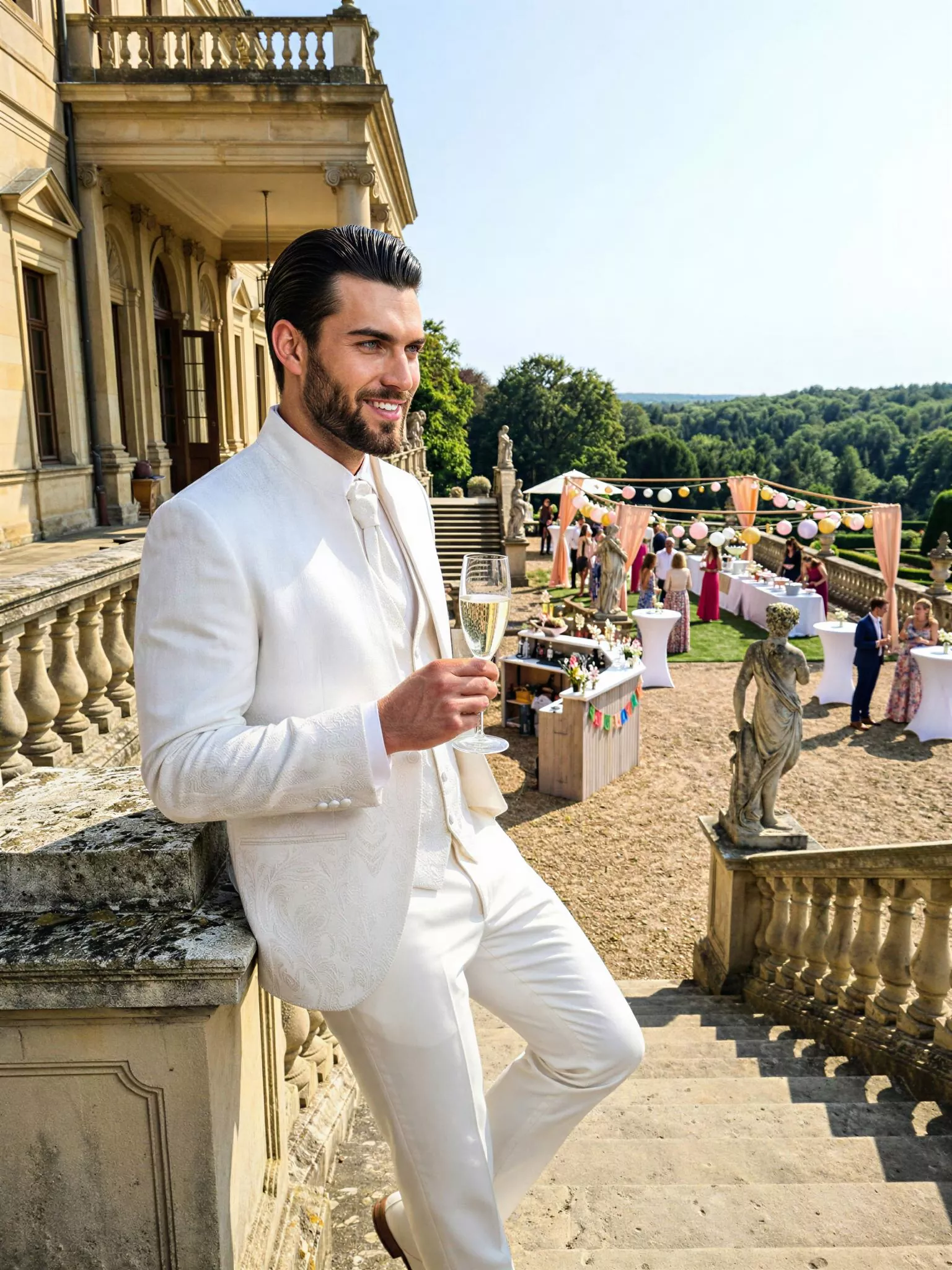 Traje de novio Khan, pose escalera, color blanco y texturizado beige, cuello mao de ceremonia, Atelier Masculini