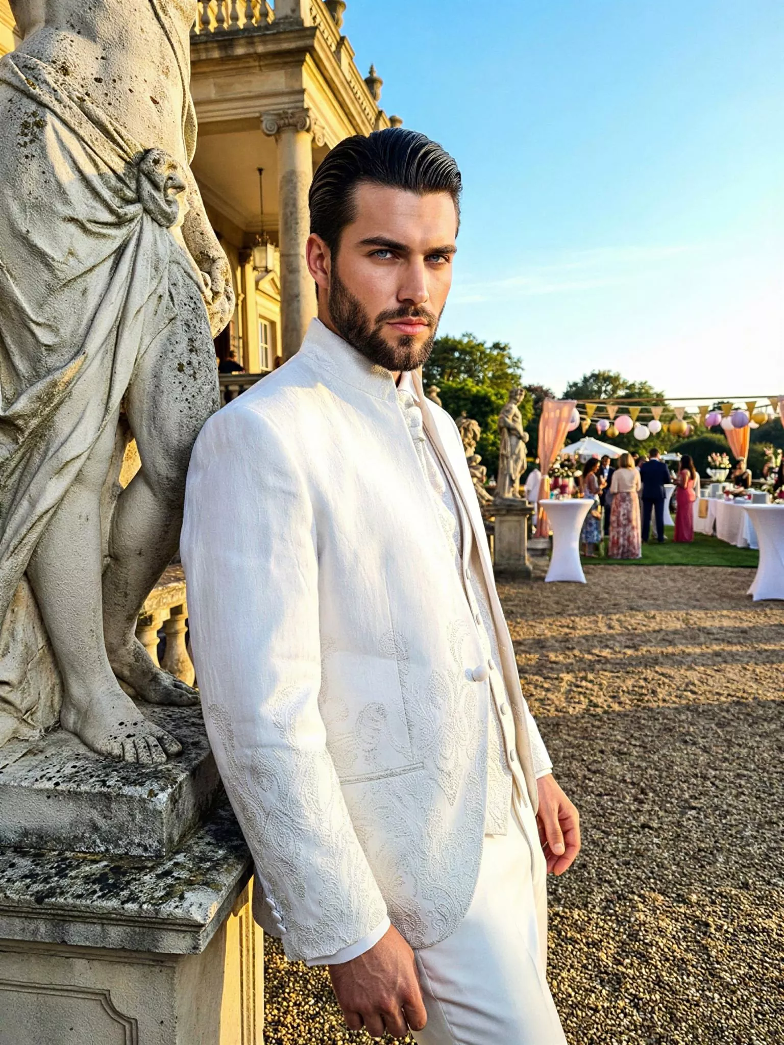 Traje de novio Khan, pose lateral, color blanco y texturizado beige, cuello mao de ceremonia, Atelier Masculini