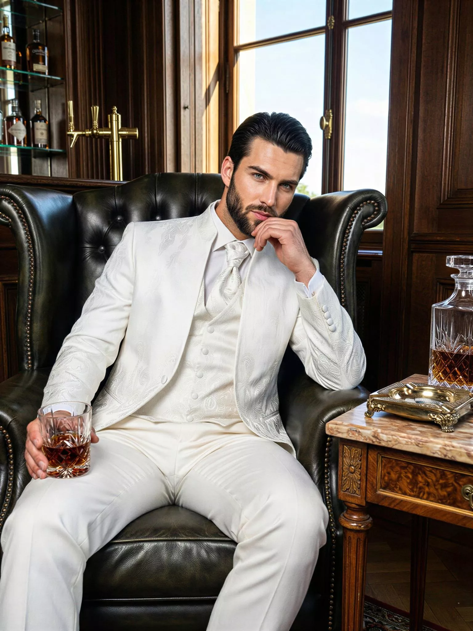 Traje de novio Khan, pose sentado, color blanco y texturizado beige, cuello mao de ceremonia, Atelier Masculini