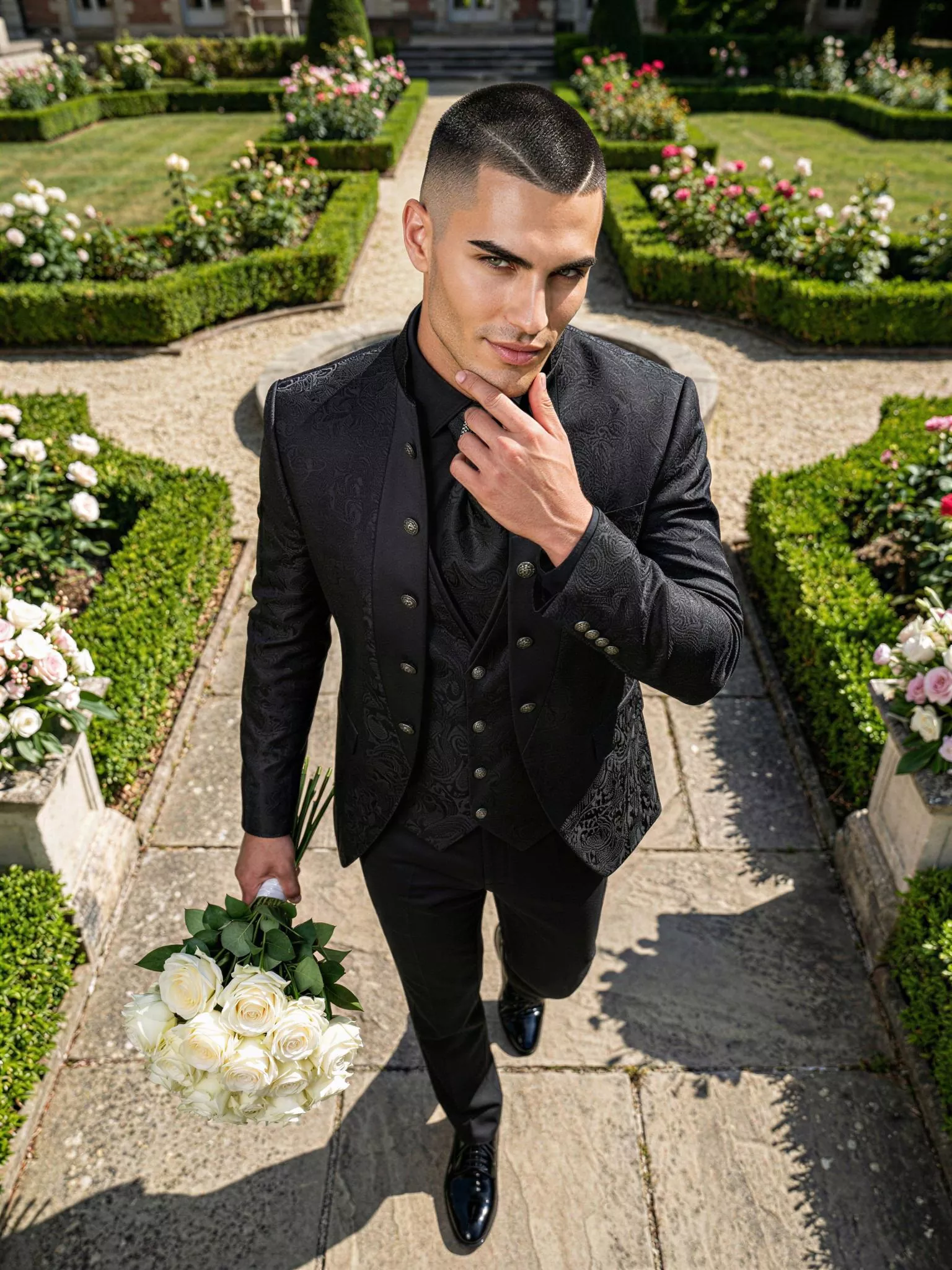 Traje de novio Logarius, pose cenital, color negro jacquard, cuello mao de ceremonia con doble botonera, Atelier Masculini