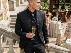 Traje de novio Logarius, pose escalera, color negro jacquard, cuello mao de ceremonia con doble botonera, Atelier Masculini