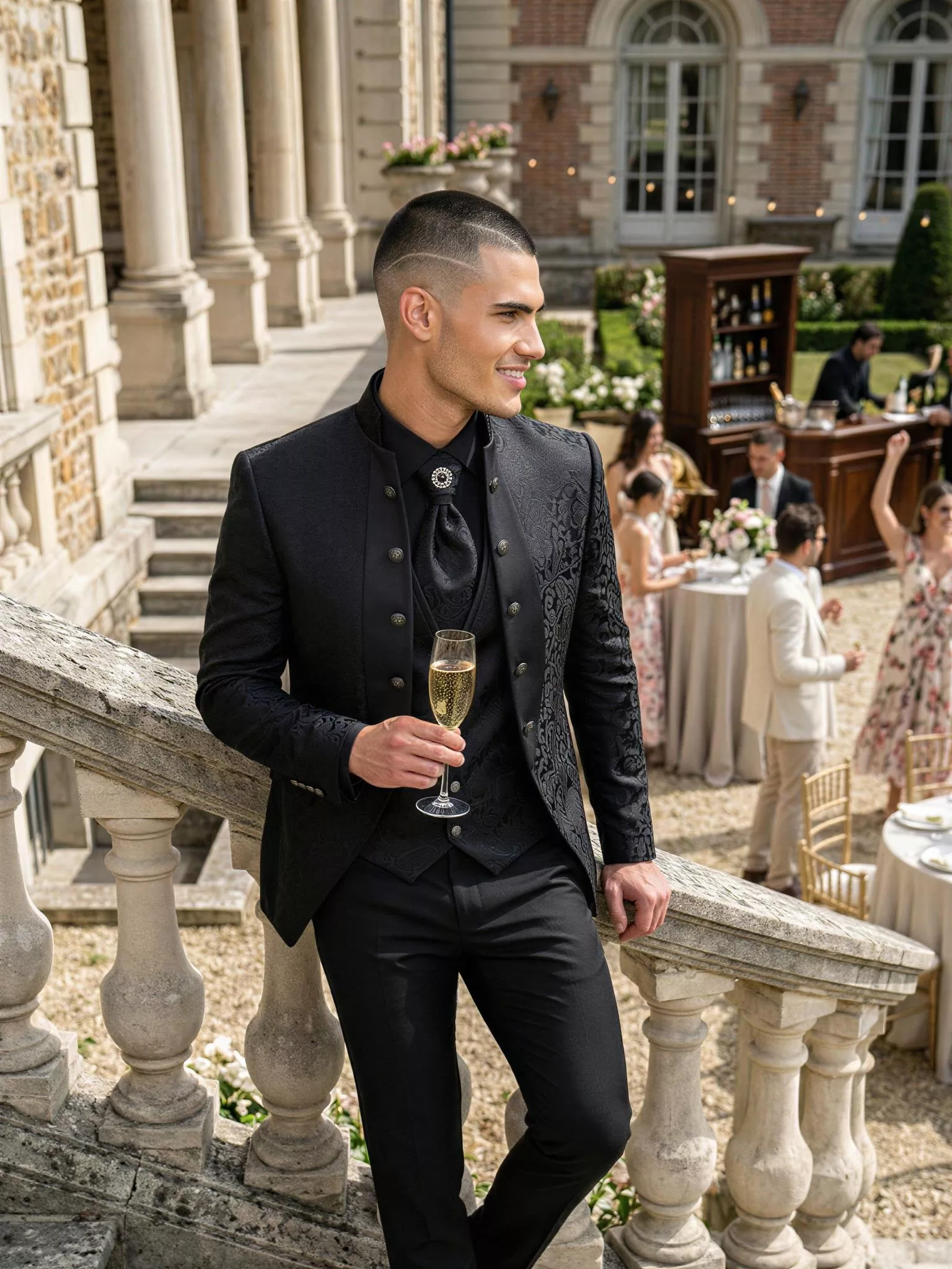 Traje de novio Logarius, pose escalera, color negro jacquard, cuello mao de ceremonia con doble botonera, Atelier Masculini