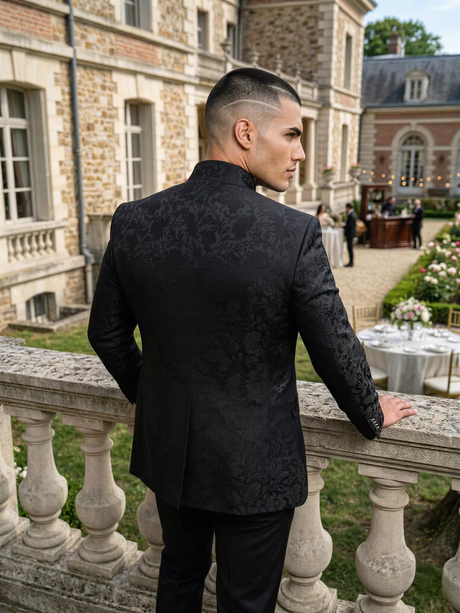 Traje de novio Logarius, pose espaldas, color negro jacquard, cuello mao de ceremonia con doble botonera, Atelier Masculini