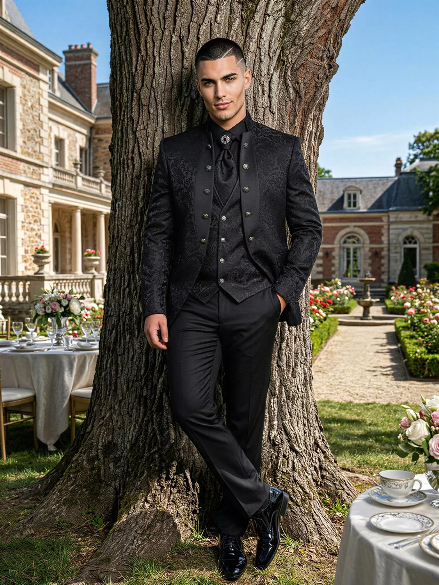 Traje de novio Logarius, pose frontal, color negro jacquard, cuello mao de ceremonia con doble botonera, Atelier Masculini