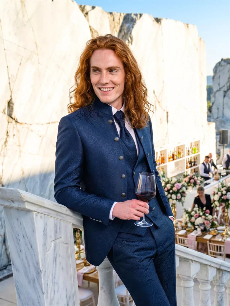 Traje de novio Maliketh, pose escalera, color azul oscuro y texturizado jacquard, cuello mao de ceremonia con doble botonera, Atelier Masculini