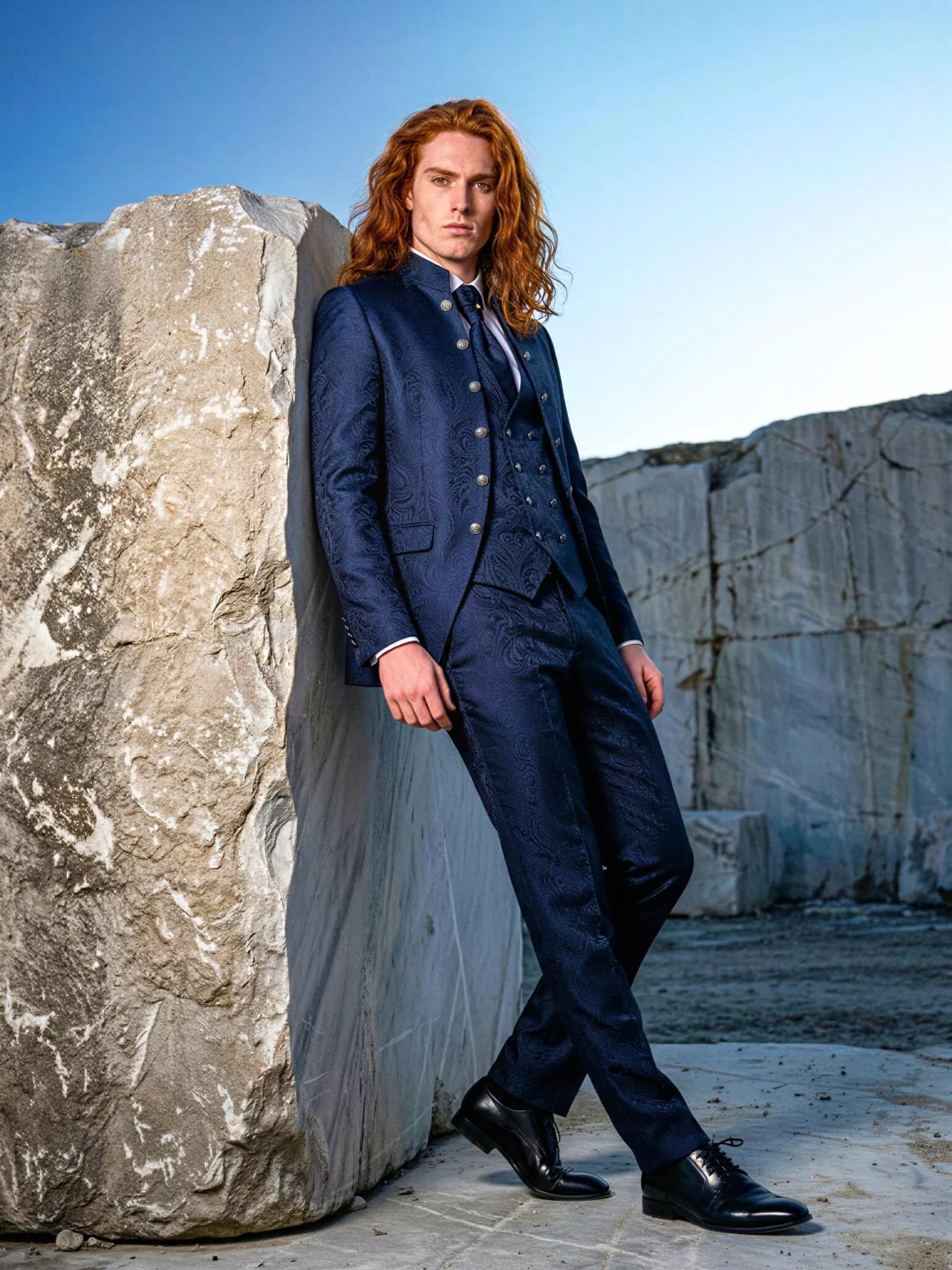 Traje de novio Maliketh, pose frontal, color azul oscuro y texturizado jacquard, cuello mao de ceremonia con doble botonera, Atelier Masculini