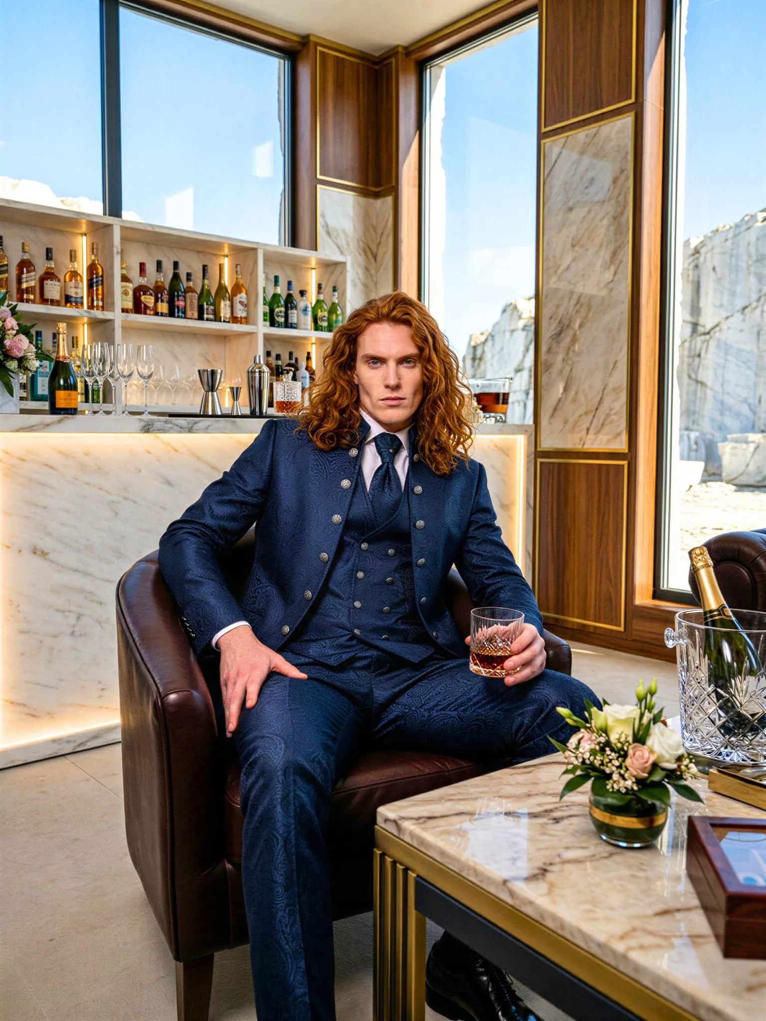 Traje de novio Maliketh, pose sentado, color azul oscuro y texturizado jacquard, cuello mao de ceremonia con doble botonera, Atelier Masculini