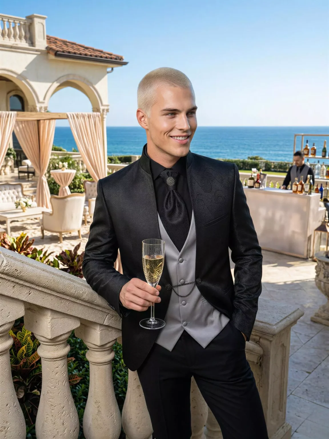 Traje de novio Mancini, pose escalera, color negro tela jacquard, cuello mao de ceremonia, Atelier Masculini