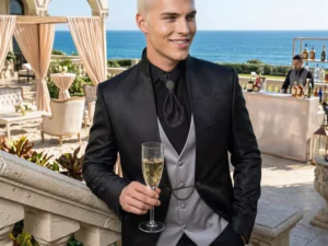 Traje de novio Mancini, pose escalera, color negro tela jacquard, cuello mao de ceremonia, Atelier Masculini