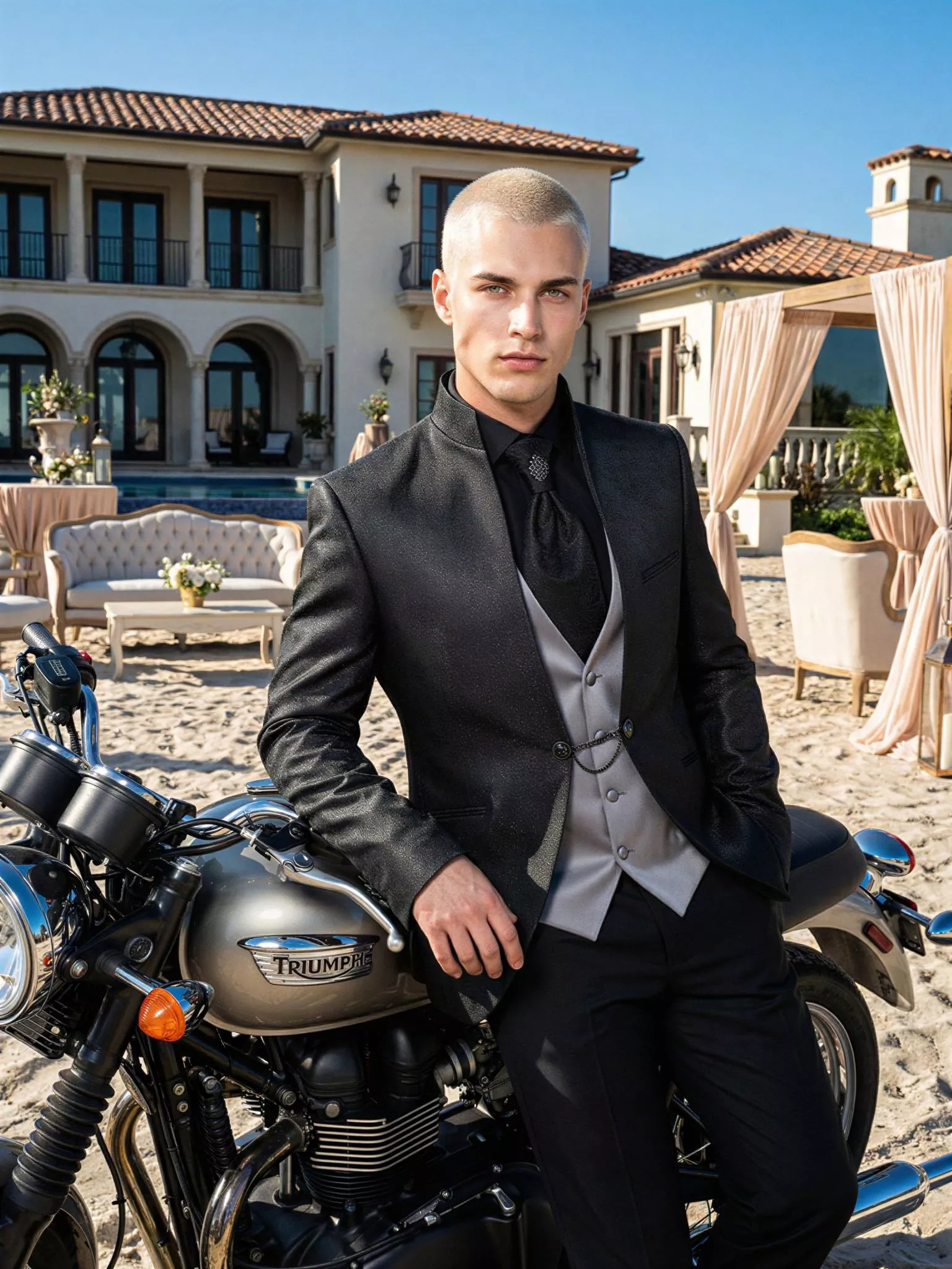 Traje de novio Mancini, pose frontal, color negro tela jacquard, cuello mao de ceremonia, Atelier Masculini