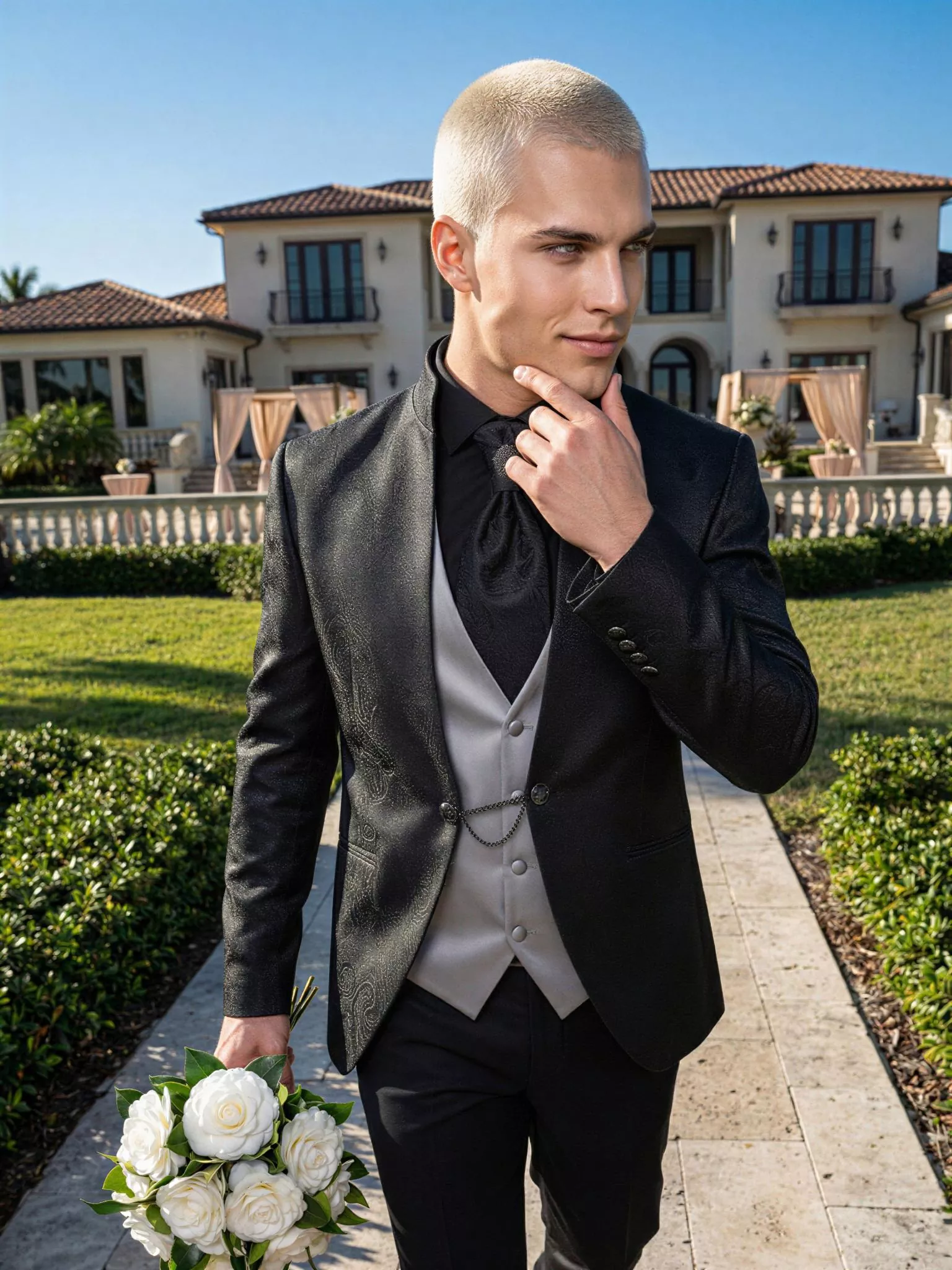 Traje de novio Mancini, pose lateral, color negro tela jacquard, cuello mao de ceremonia, Atelier Masculini