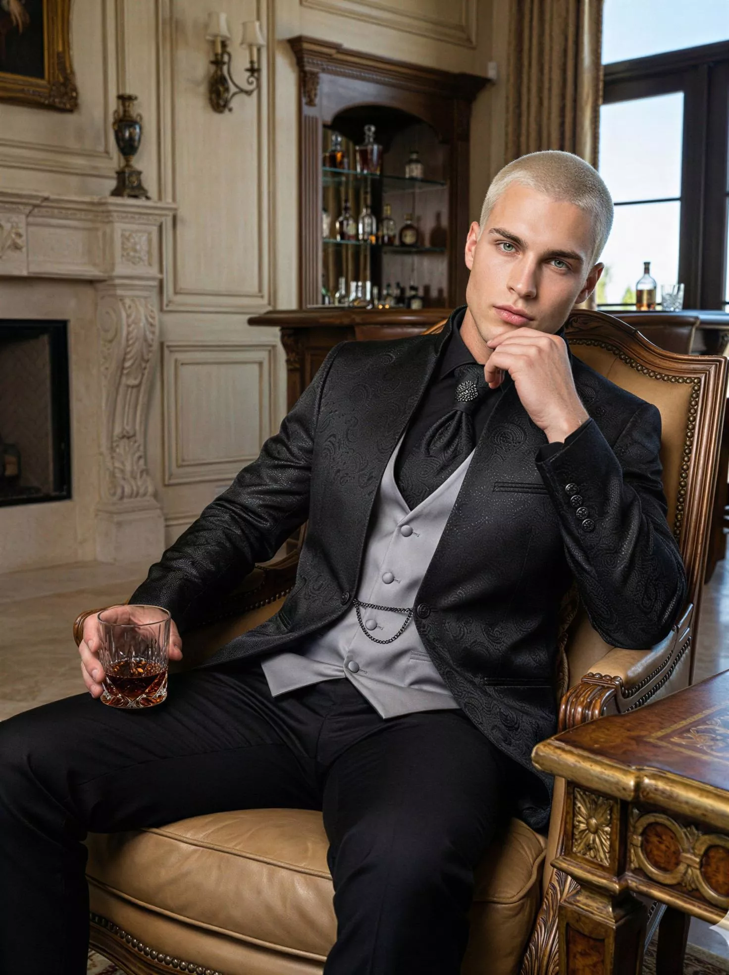 Traje de novio Mancini, pose sentado, color negro tela jacquard, cuello mao de ceremonia, Atelier Masculini