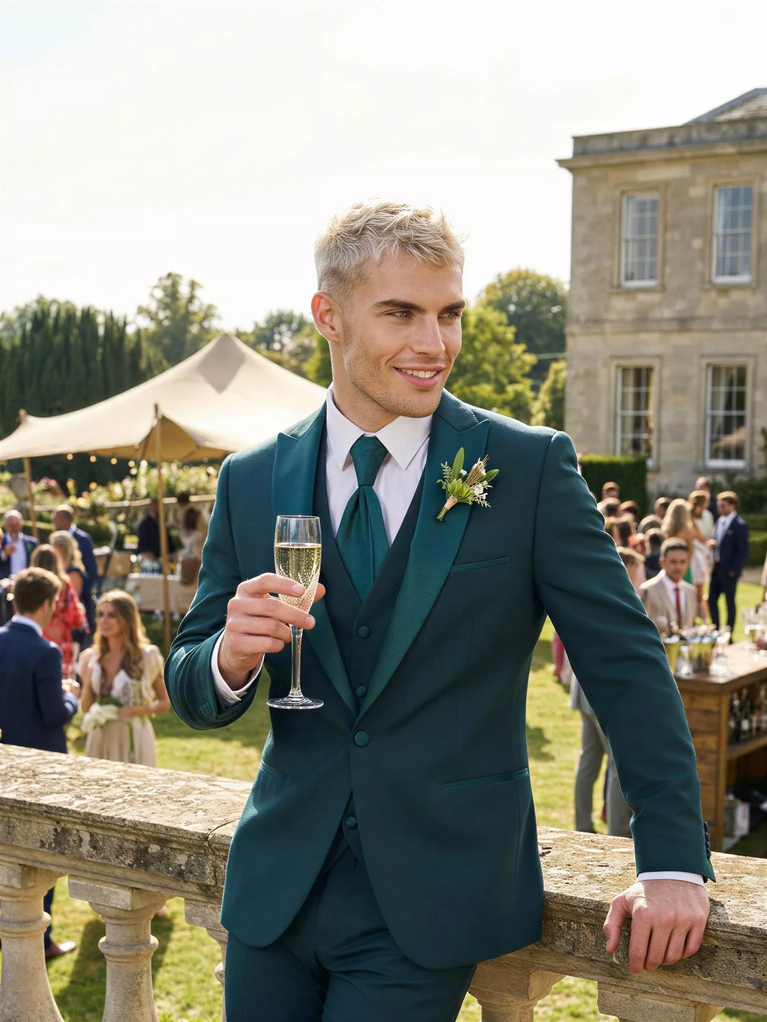 Traje de novio Notturno, pose escalera, color verde botella, esmoquin de ceremonia, Atelier Masculini