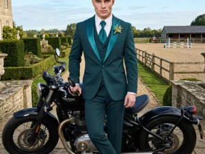 Traje de novio Notturno, pose frontal, color verde botella, esmoquin de ceremonia, Atelier Masculini