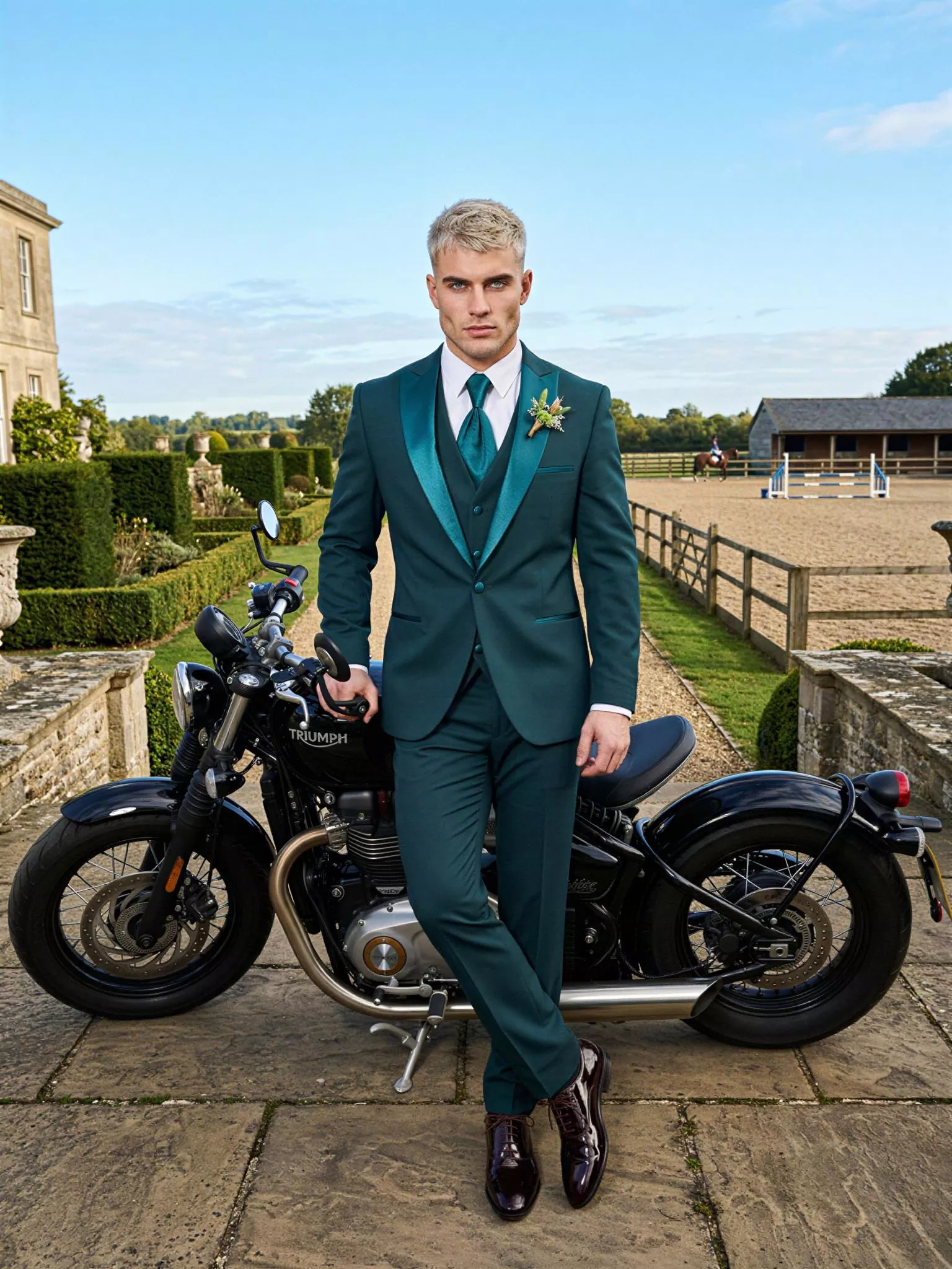 Traje de novio Notturno, pose frontal, color verde botella, esmoquin de ceremonia, Atelier Masculini