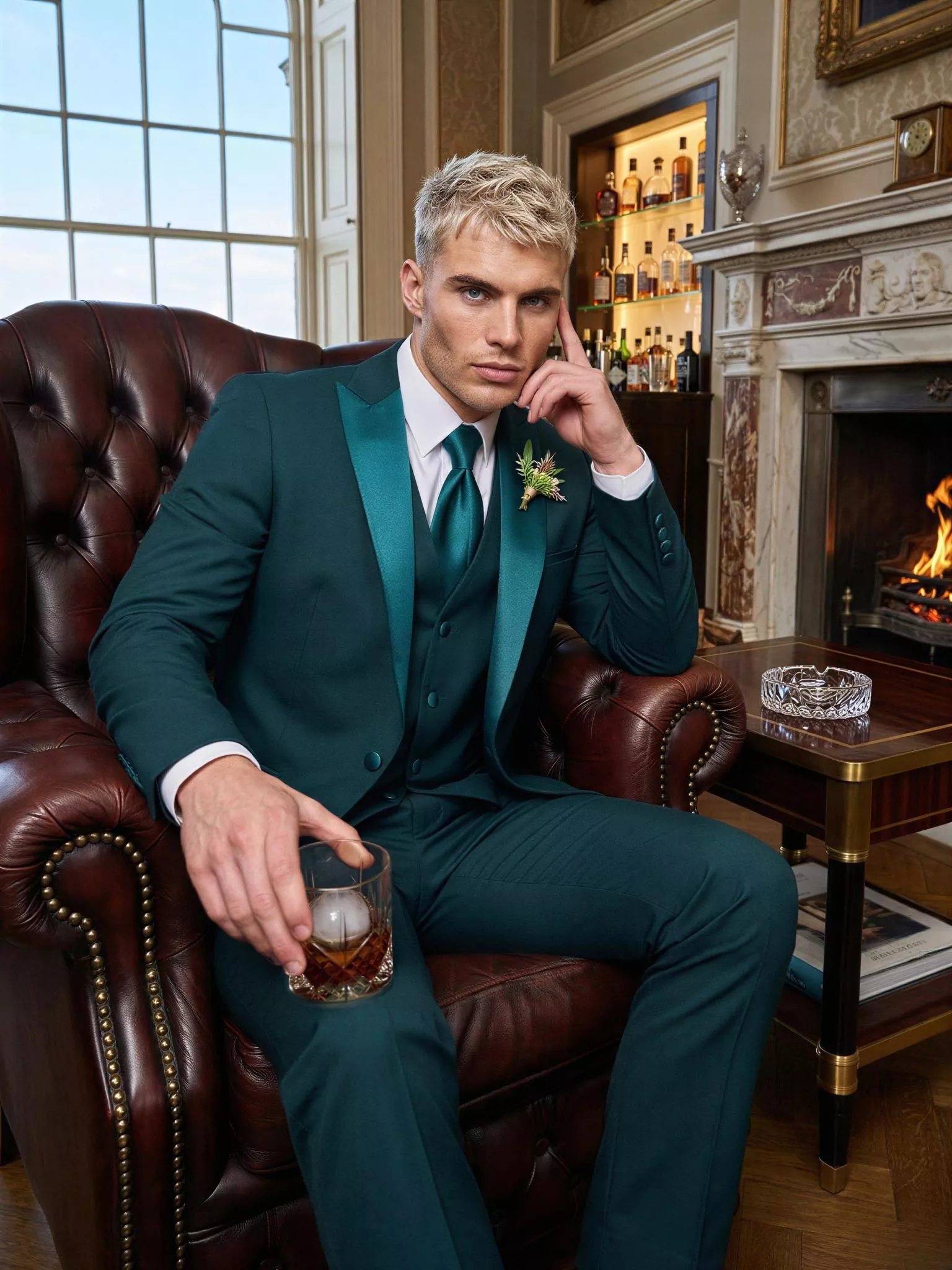 Traje de novio Notturno, pose sentado, color verde botella, esmoquin de ceremonia, Atelier Masculini