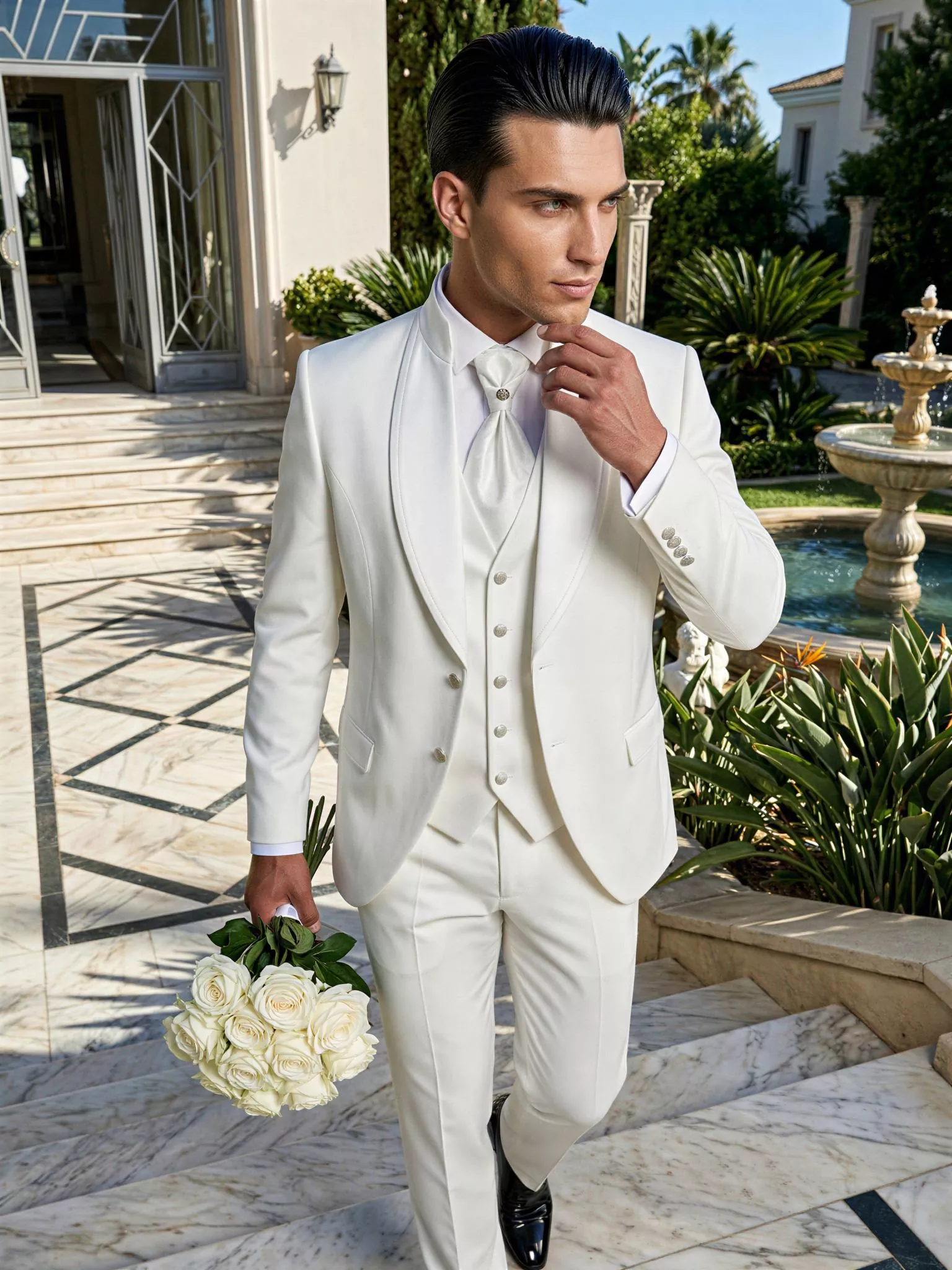 Traje de novio Pietro, pose cenital , color blanco, cuello mao con solapas de ceremonia, Atelier Masculini