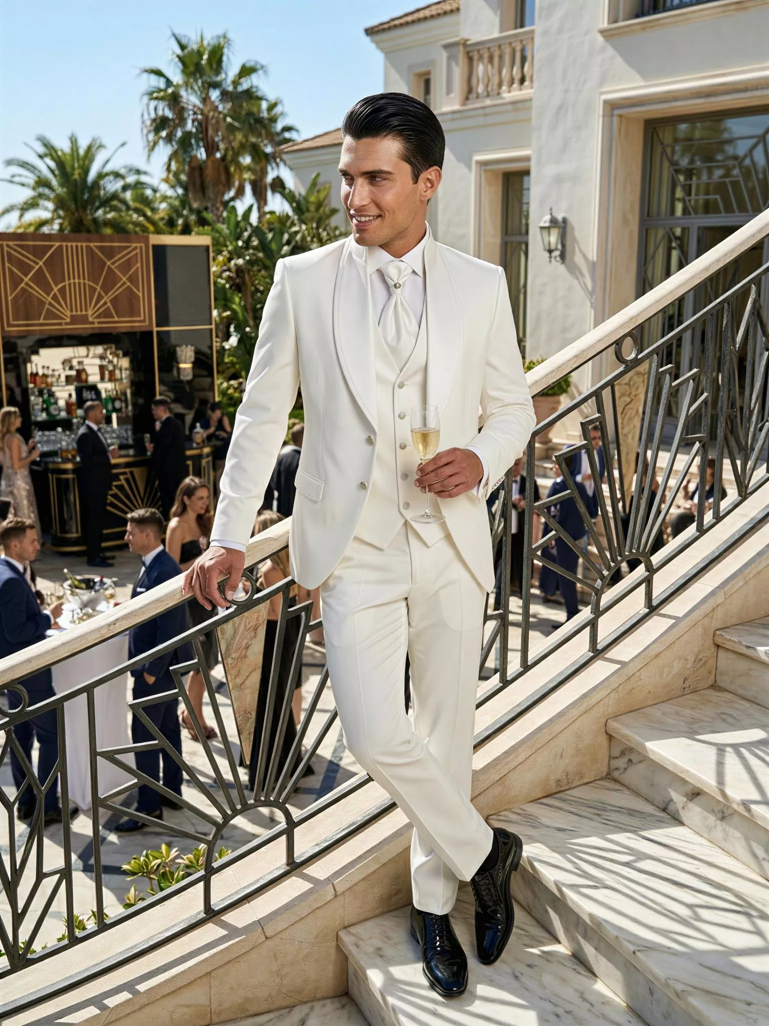 Traje de novio Pietro, pose escalera, color blanco, cuello mao con solapas de ceremonia, Atelier Masculini