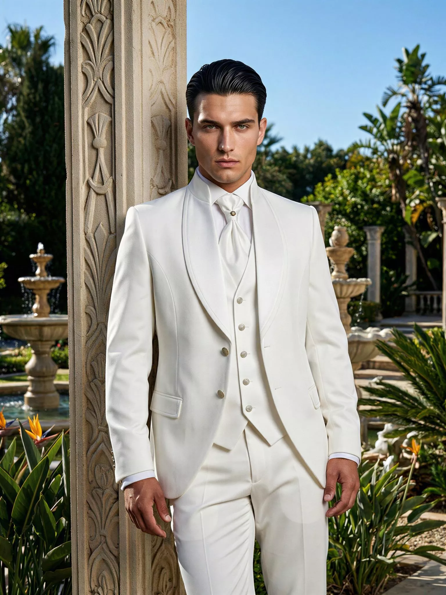Traje de novio Pietro, pose frontal, color blanco, cuello mao con solapas de ceremonia, Atelier Masculini