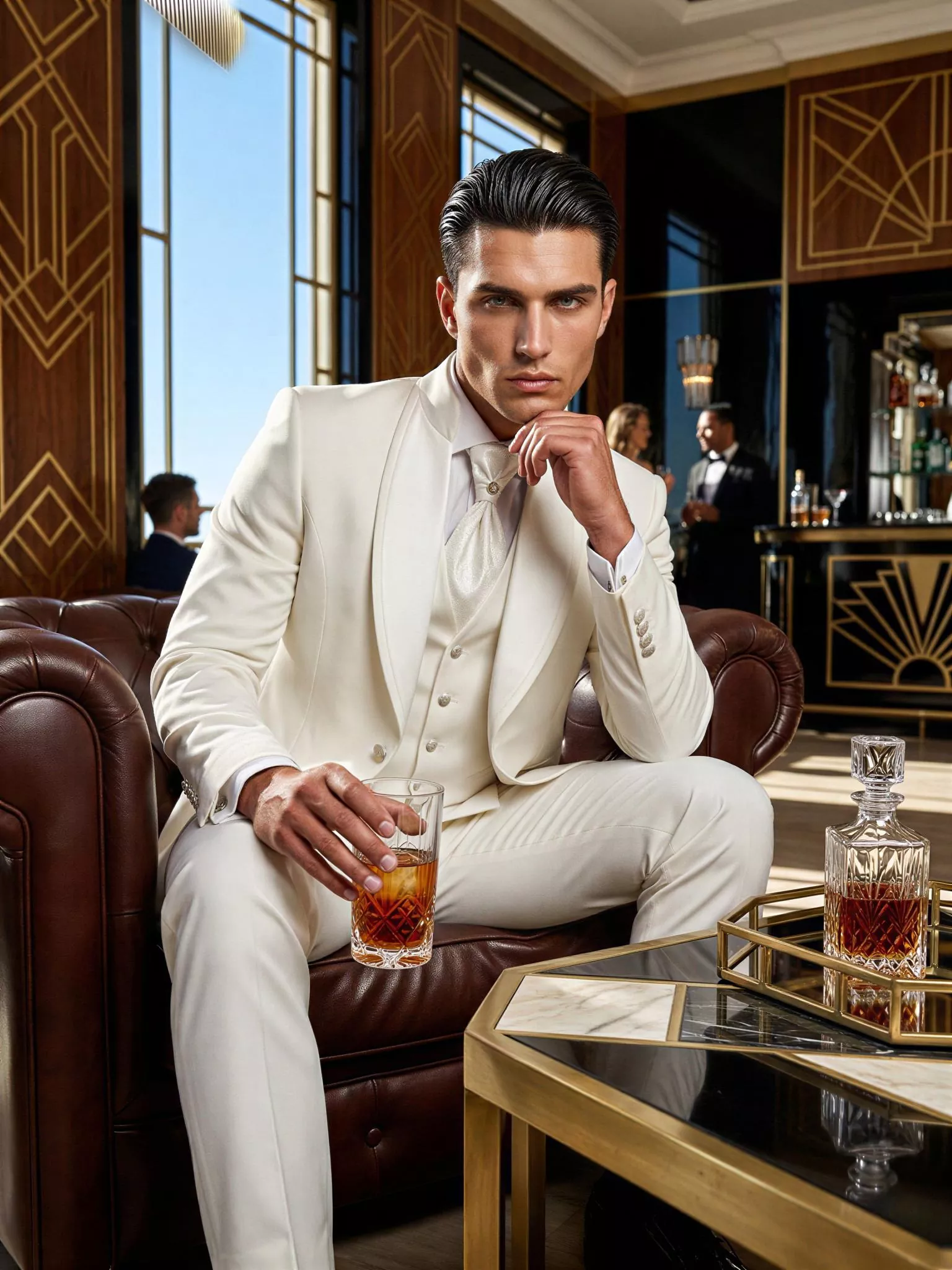 Traje de novio Pietro, pose sentado, color blanco, cuello mao con solapas de ceremonia, Atelier Masculini