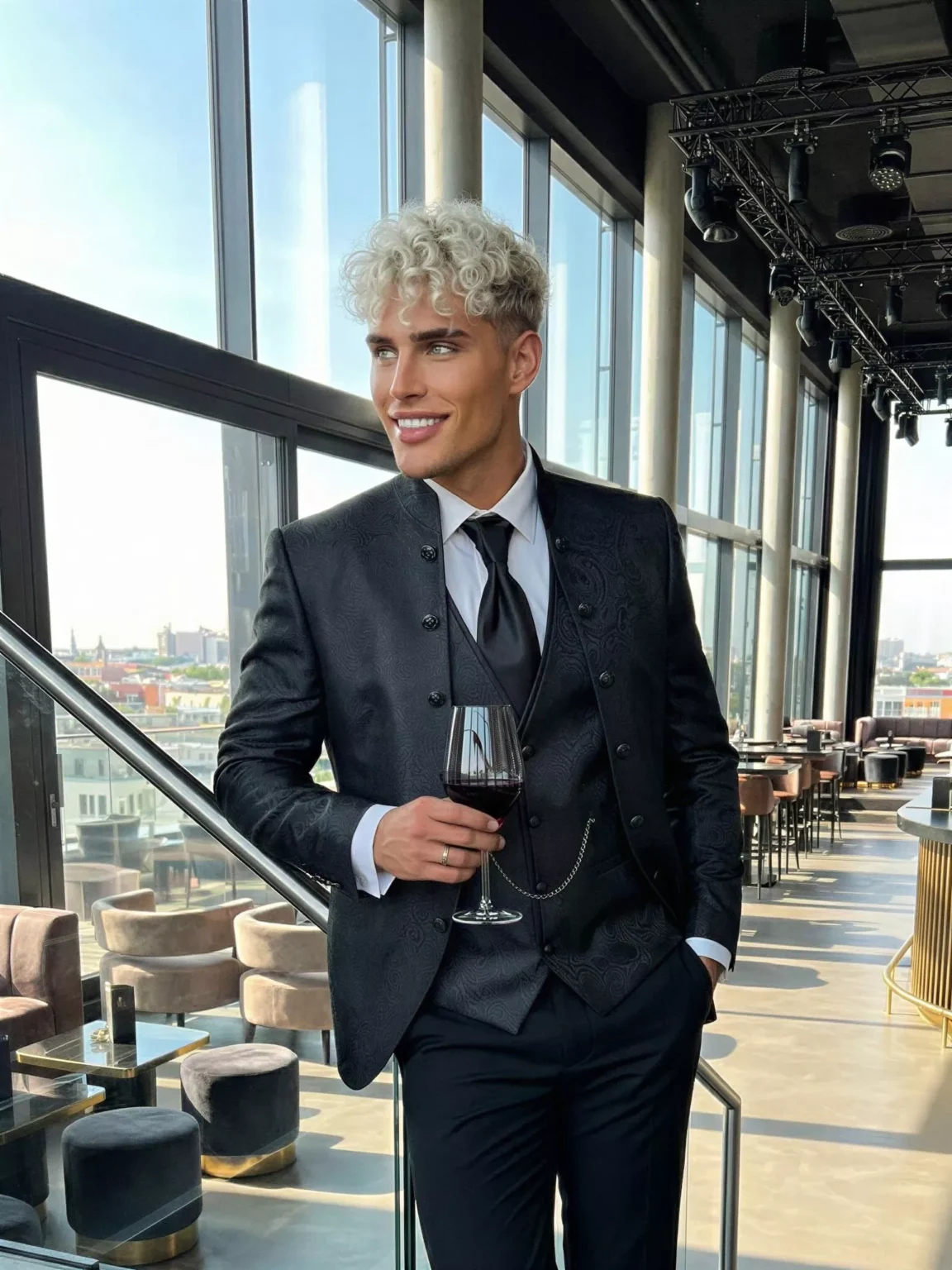 Traje de novio Radan, pose escalera, color negro y texturizado jacquard, cuello mao de ceremonia con doble botonera, Atelier Masculini