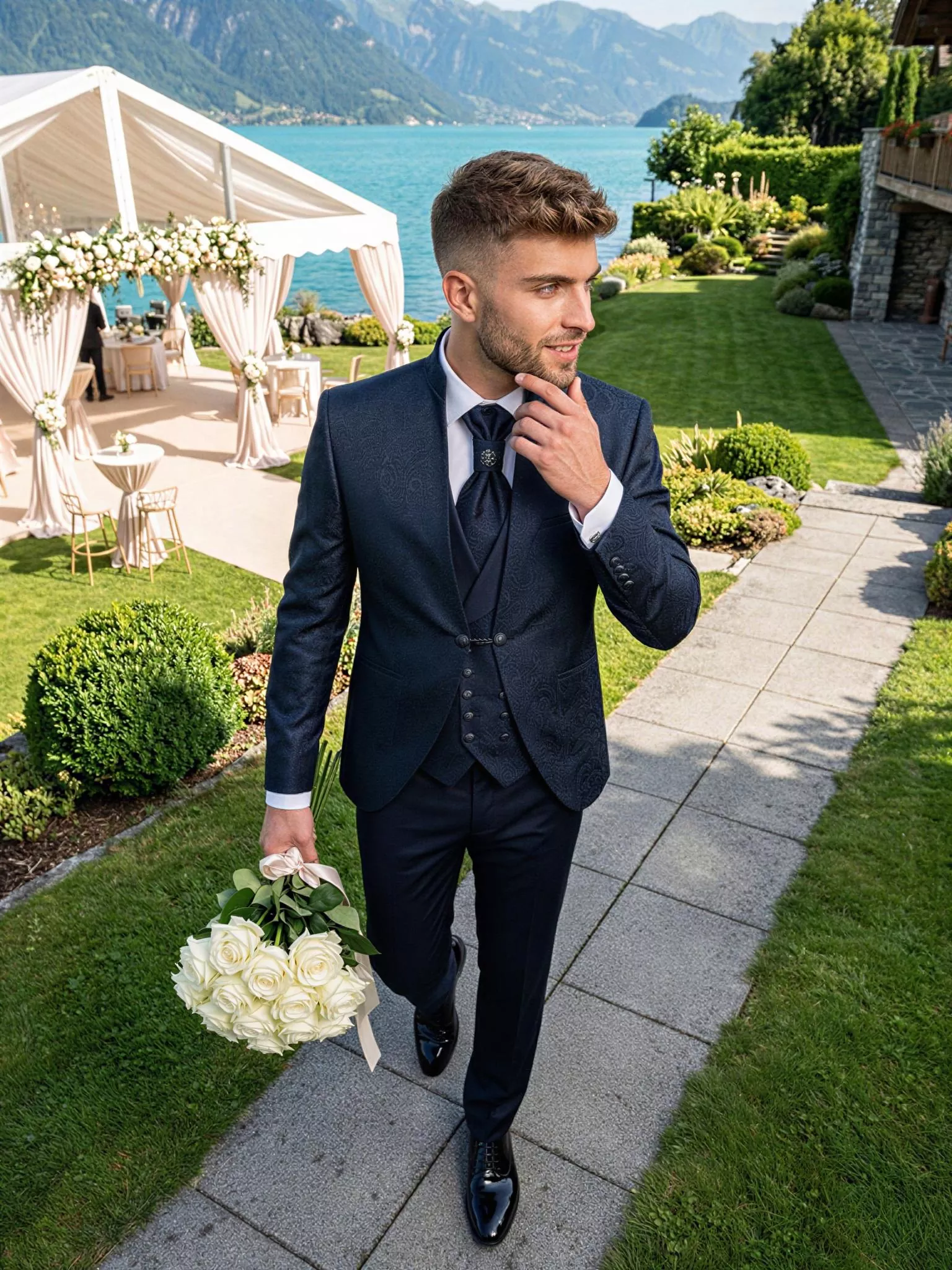 Traje de novio Suitor, pose cenital, color negro tela jacquard, cuello mao de ceremonia, Atelier Masculini