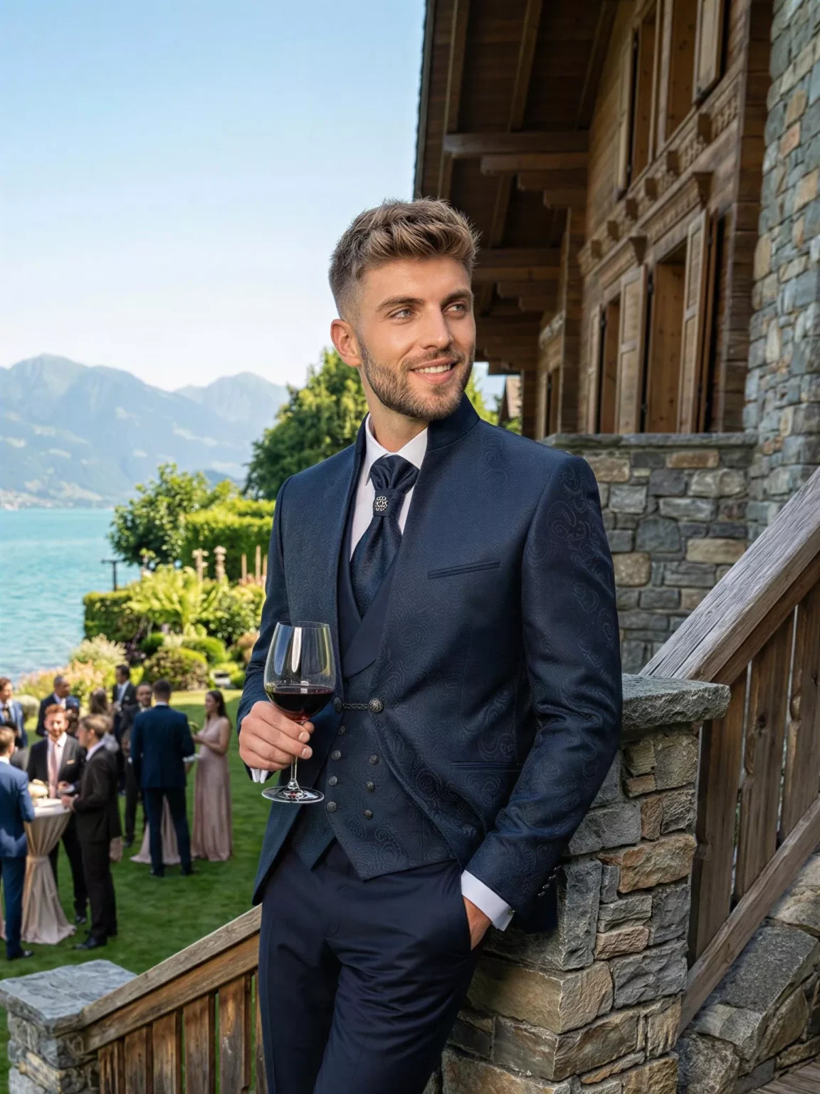 Traje de novio Suitor, pose escaleras, color negro tela jacquard, cuello mao de ceremonia, Atelier Masculini