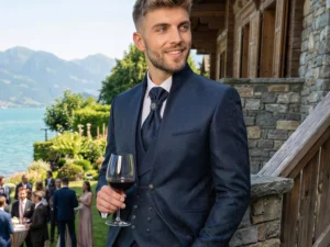 Traje de novio Suitor, pose escaleras, color negro tela jacquard, cuello mao de ceremonia, Atelier Masculini