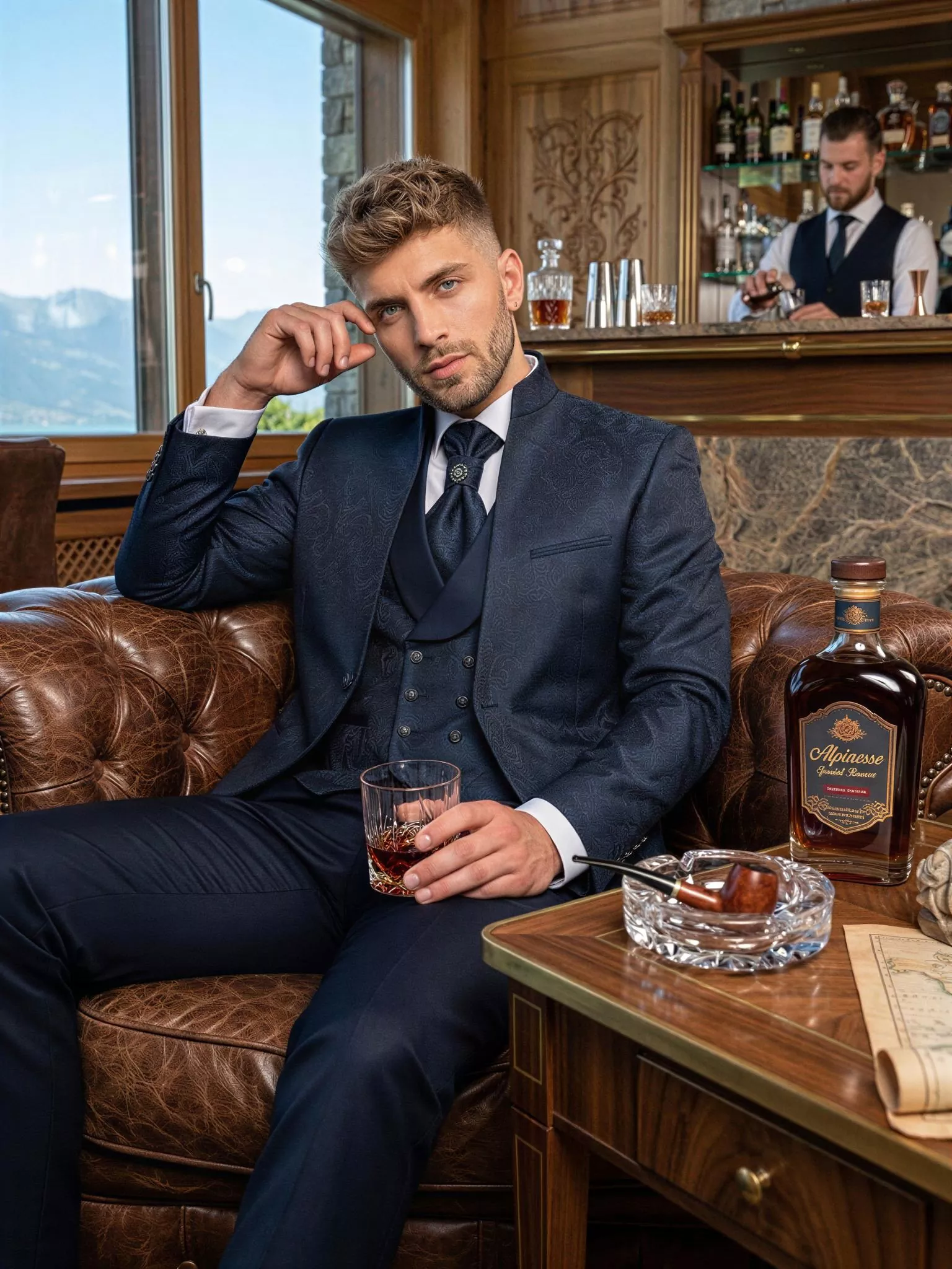 Traje de novio Suitor, pose sentado, color negro tela jacquard, cuello mao de ceremonia, Atelier Masculini