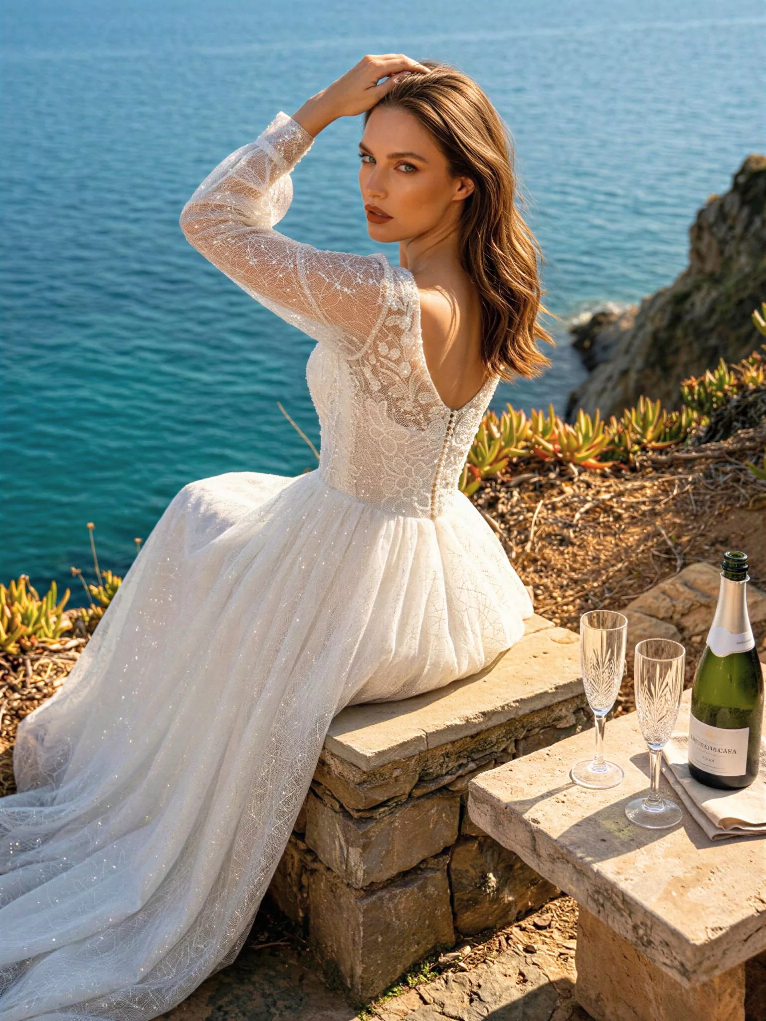 Vestido de novia Bayamón, pose espalda general, corte A, escote V, tul y encaje con micro lentejuela, Atelier Boheme