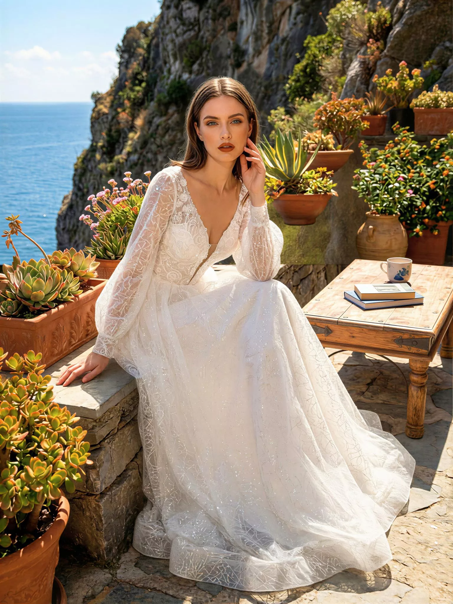 Vestido de novia Bayamón, pose frontal, corte A, escote V, tul y encaje con micro lentejuela, Atelier Boheme