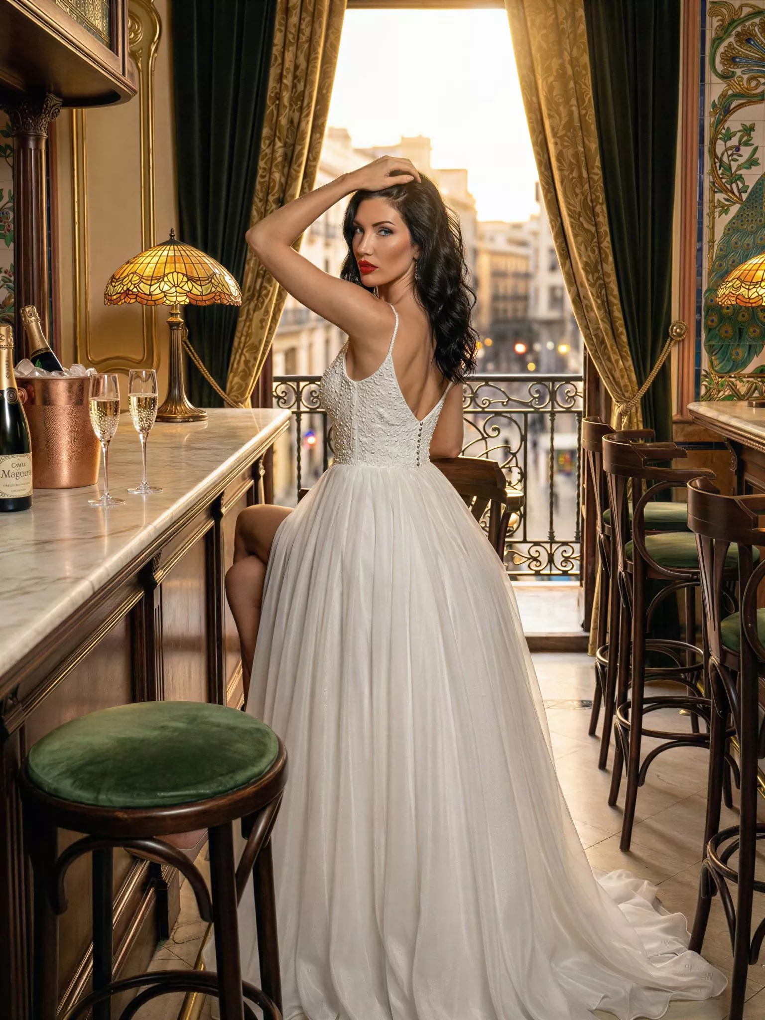 Vestido de novia Mayorca, pose espalda general, corte A, escote V, tul y gasa con crepé y pedrería, Atelier Essential