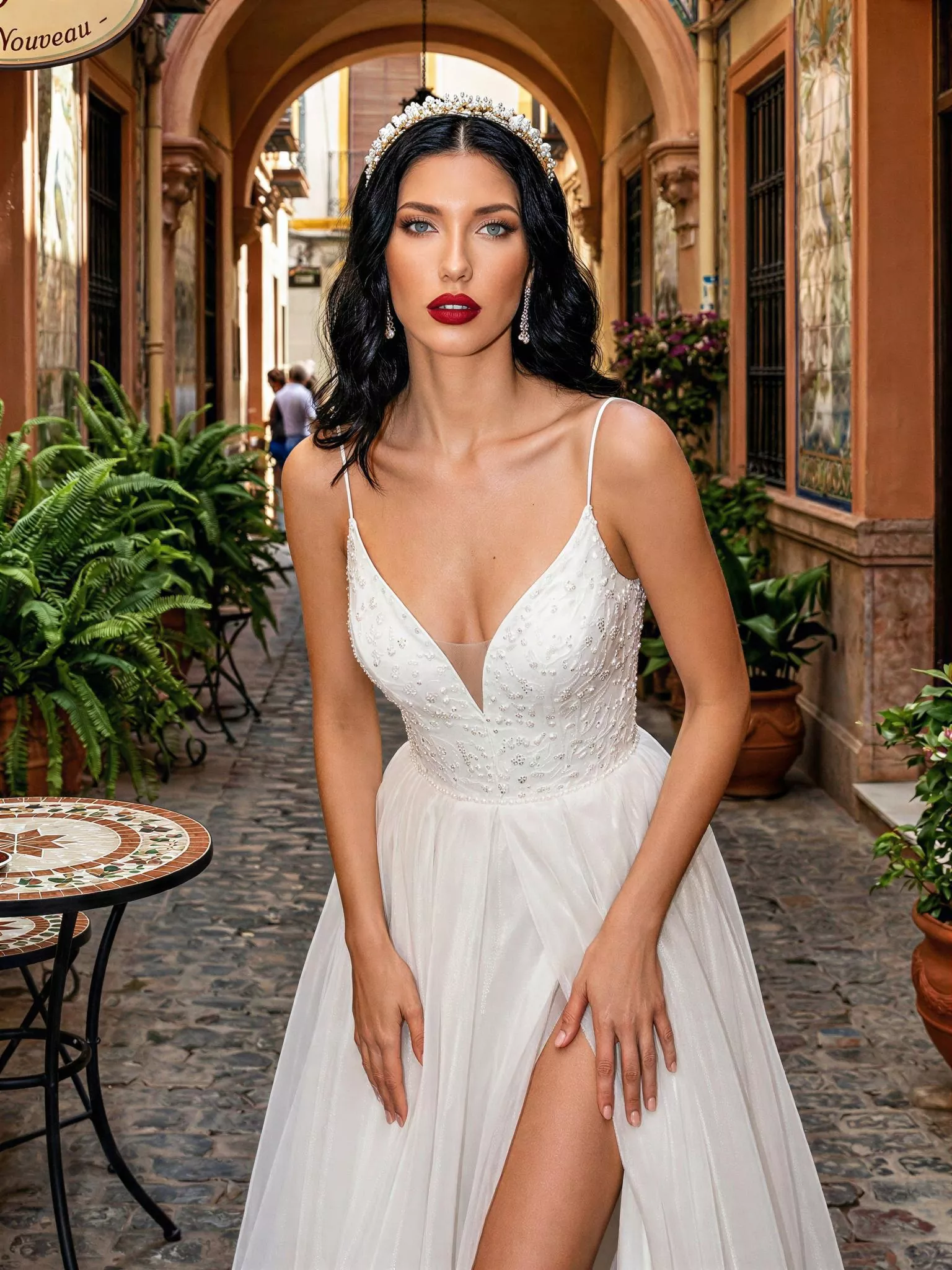 Vestido de novia Mayorca, pose frontal, corte A, escote V, tul y gasa con crepé y pedrería, Atelier Essential