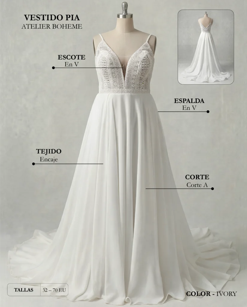 Vestido de novia Pia ficha técnica, Boheme