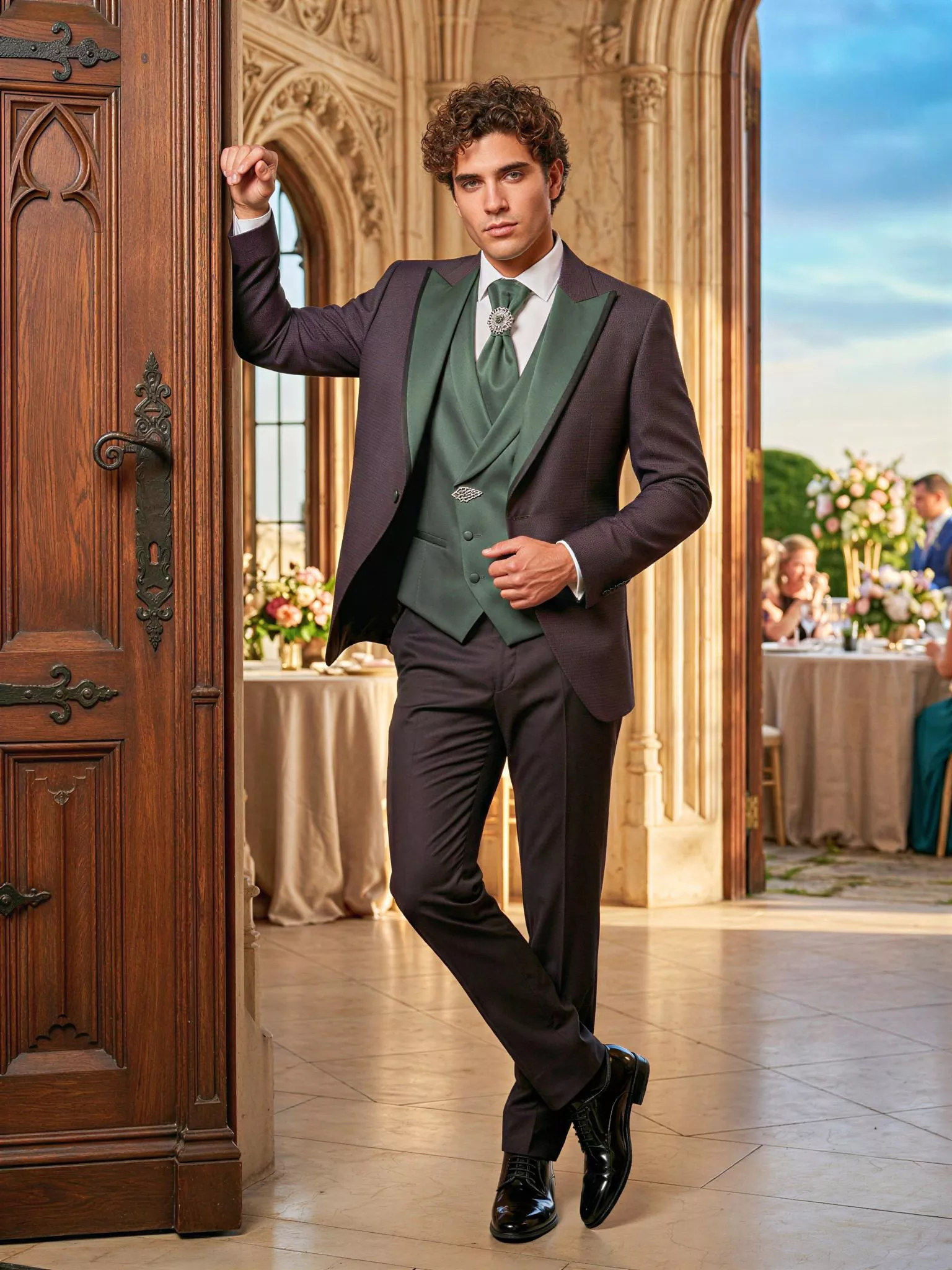 Traje de novio Aldrich, pose editorial, color marrón y verde , esmoquin de ceremonia, Atelier Masculini