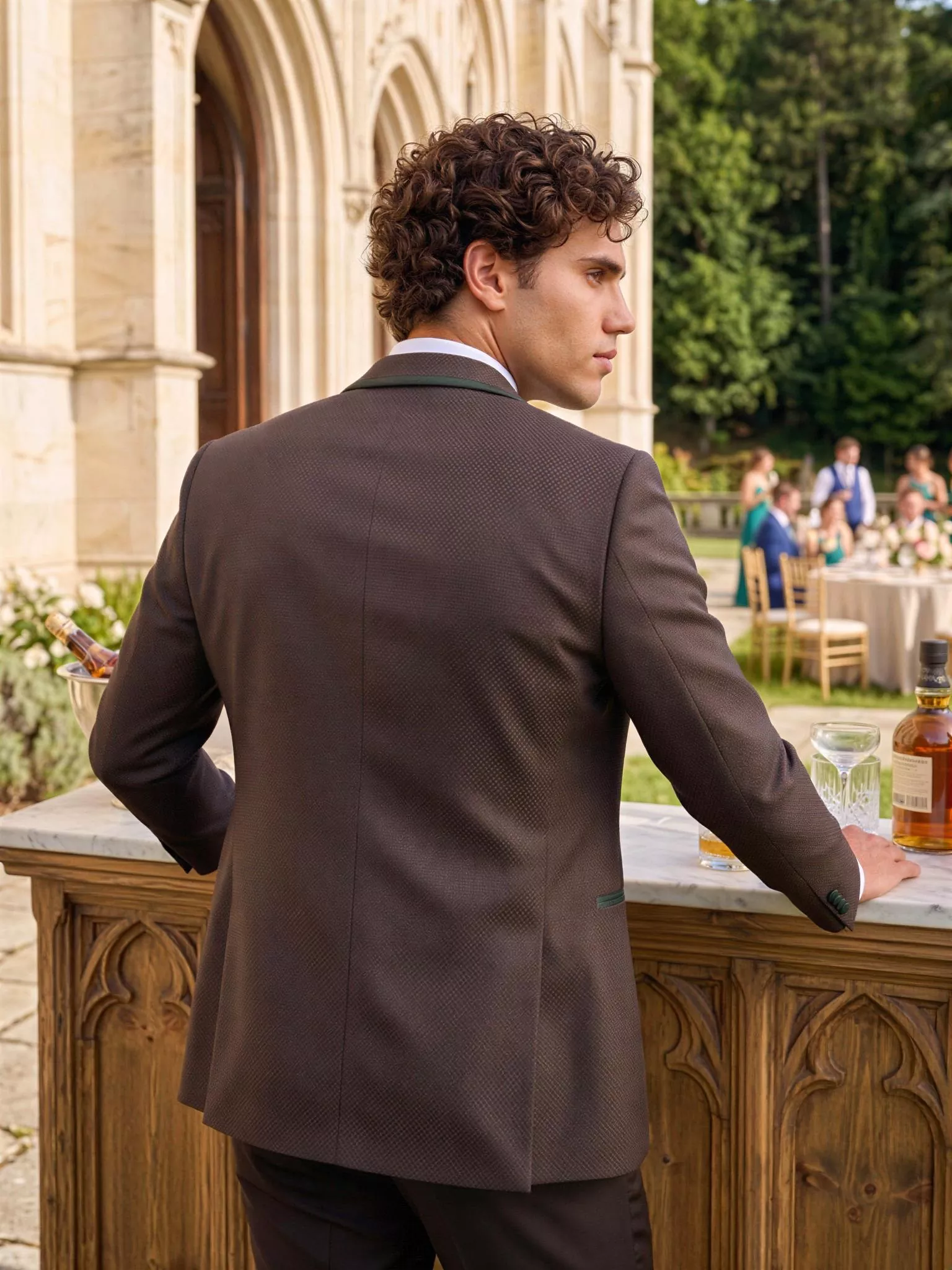 Traje de novio Aldrich, pose espalda, color marrón y verde , esmoquin de ceremonia, Atelier Masculini