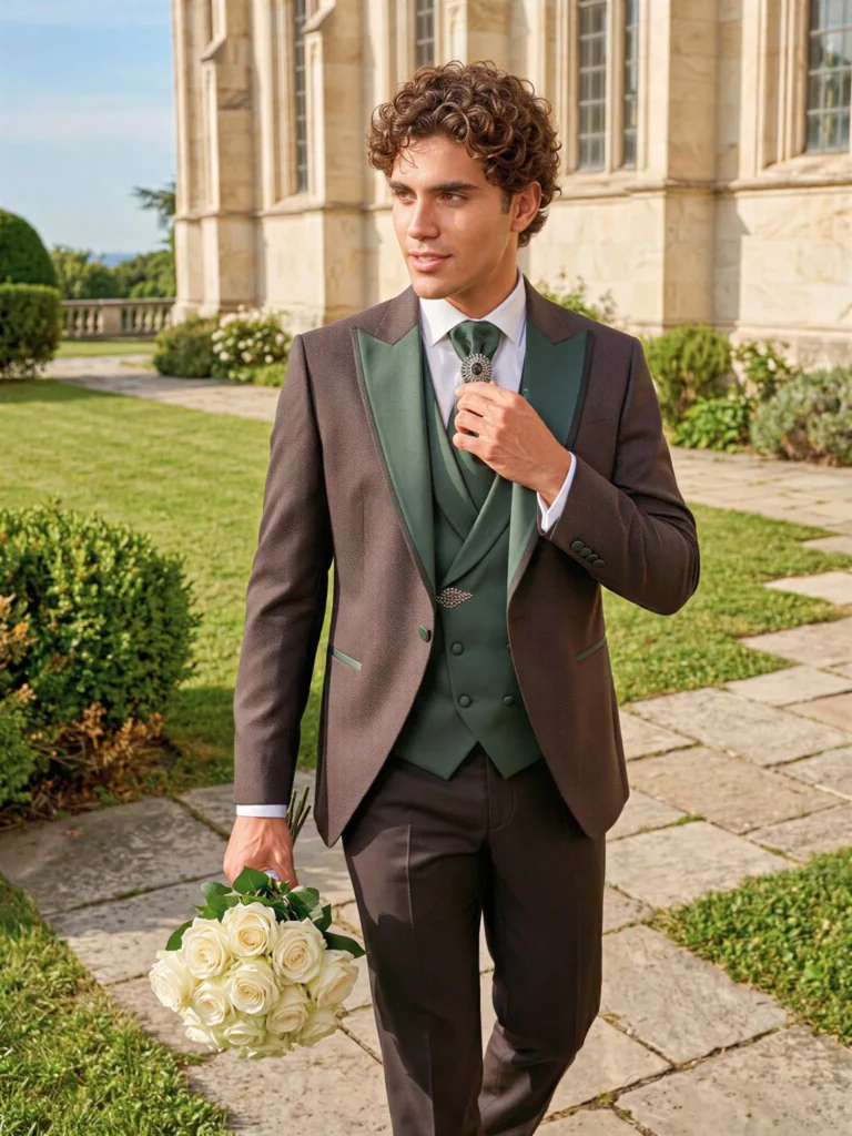 Traje de novio Aldrich, pose frontal, color marrón y verde , esmoquin de ceremonia, Atelier Masculini